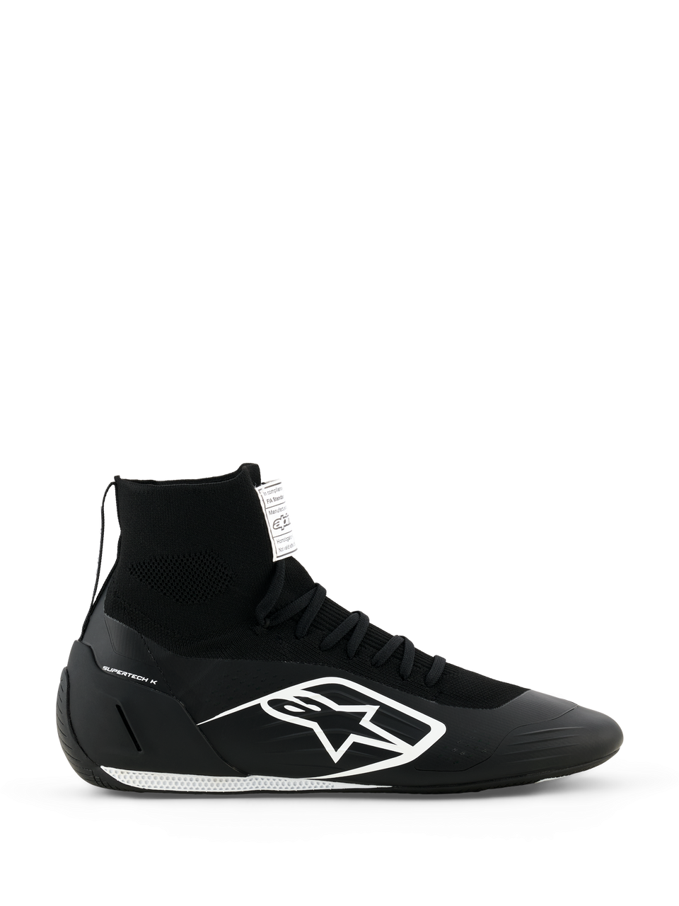 Alpinestars Supertech K Shoes FIA, scarpe da karting nere, design alto in maglia con logo bianco, colletto a calzino, suola bianca testurizzata, certificazione FIA