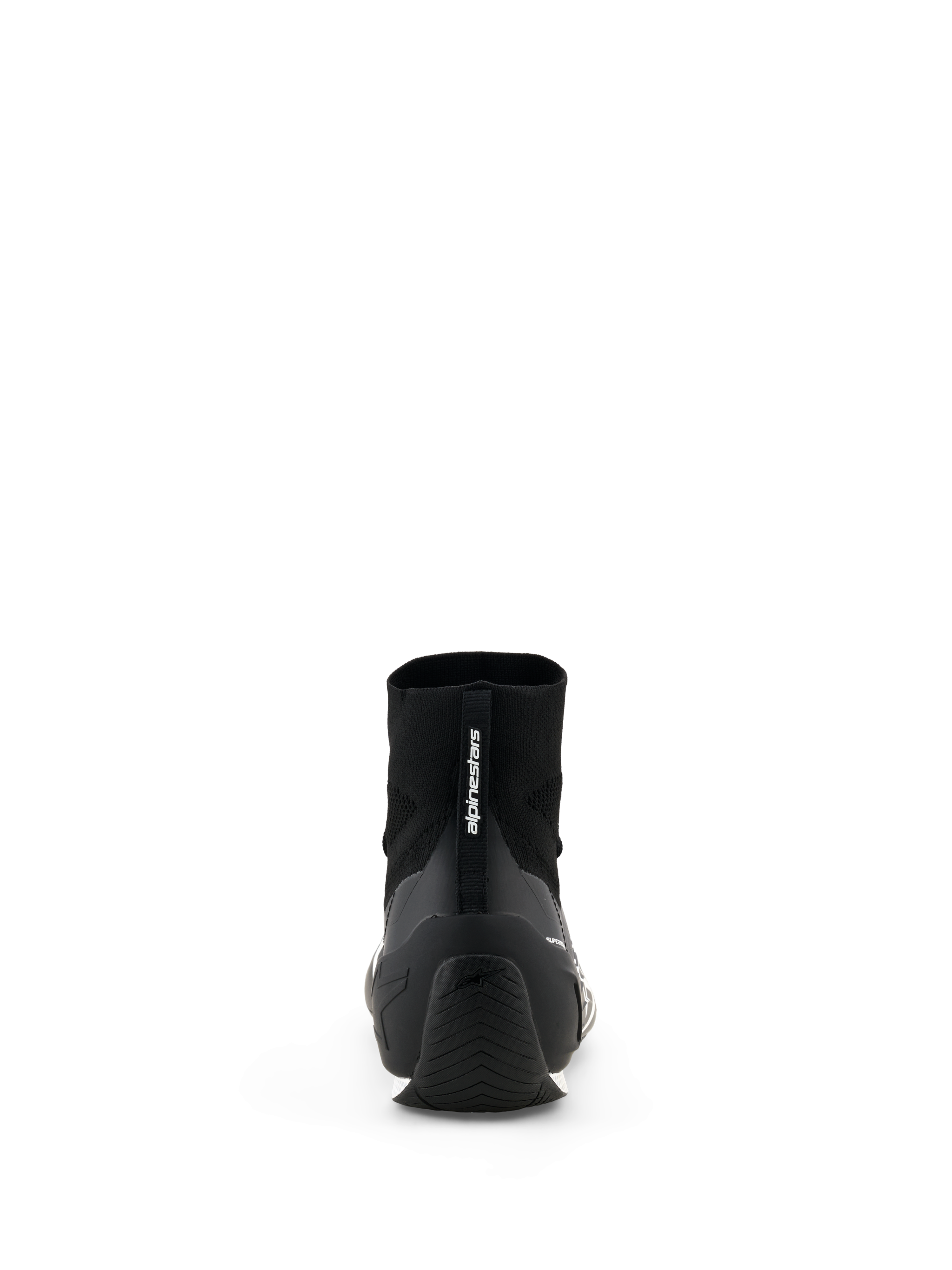 Alpinestars Supertech K Shoes - FIA, scarpe da karting, nero, vista posteriore che mostra la tomaia in maglia e il contrafforte del tallone in TPU, logo Alpinestars sulla linguetta posteriore, calzature professionali da motorsport