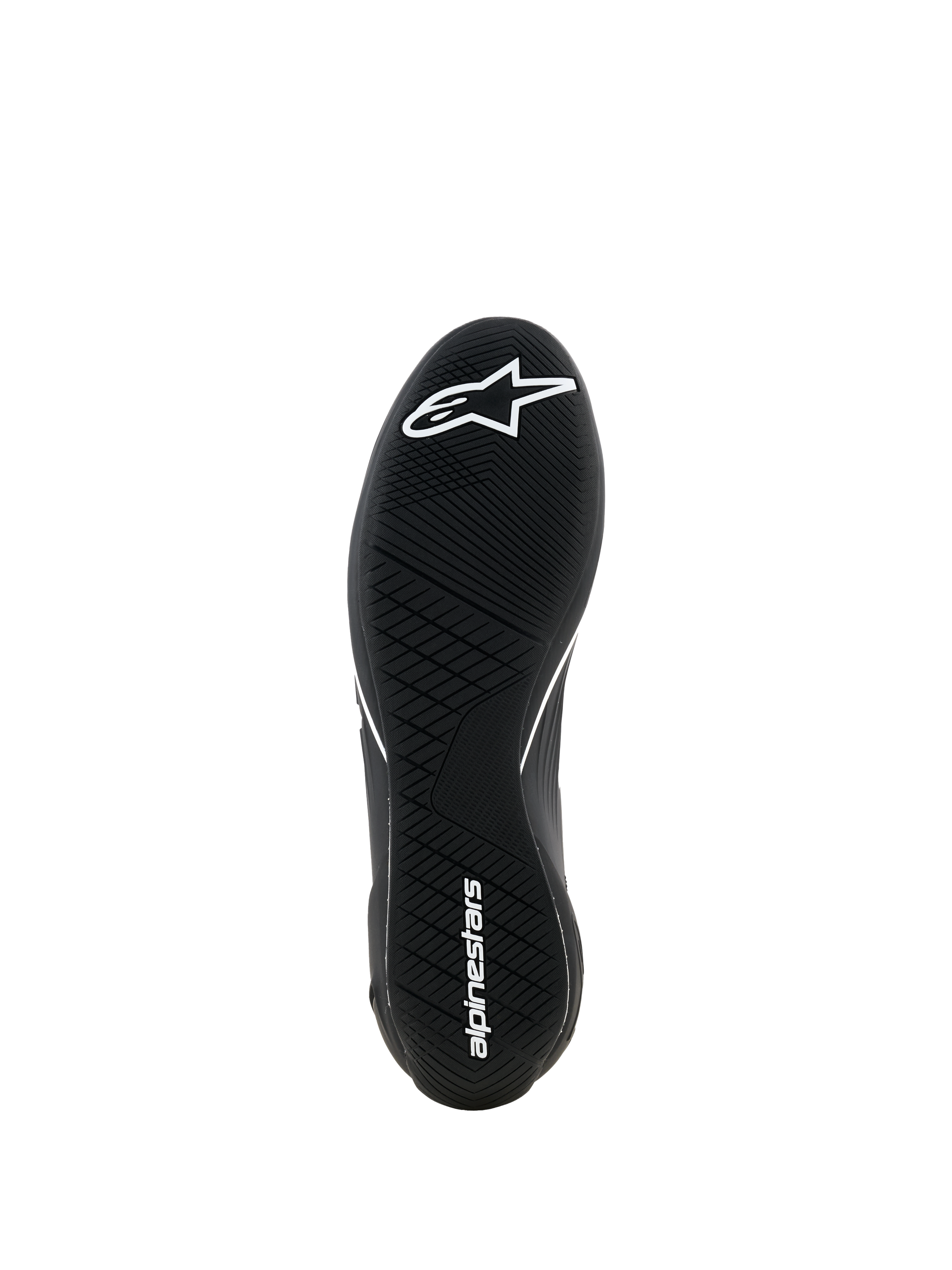 Scarpe Alpinestars Supertech K - FIA, scarpe da karting, nero, vista dal basso che mostra la suola in gomma ultra-sottile con battistrada asimmetrico, logo a stella bianco sull'avampiede e nome del brand bianco sul tallone, progettate per la massima sensibilità sui pedali.