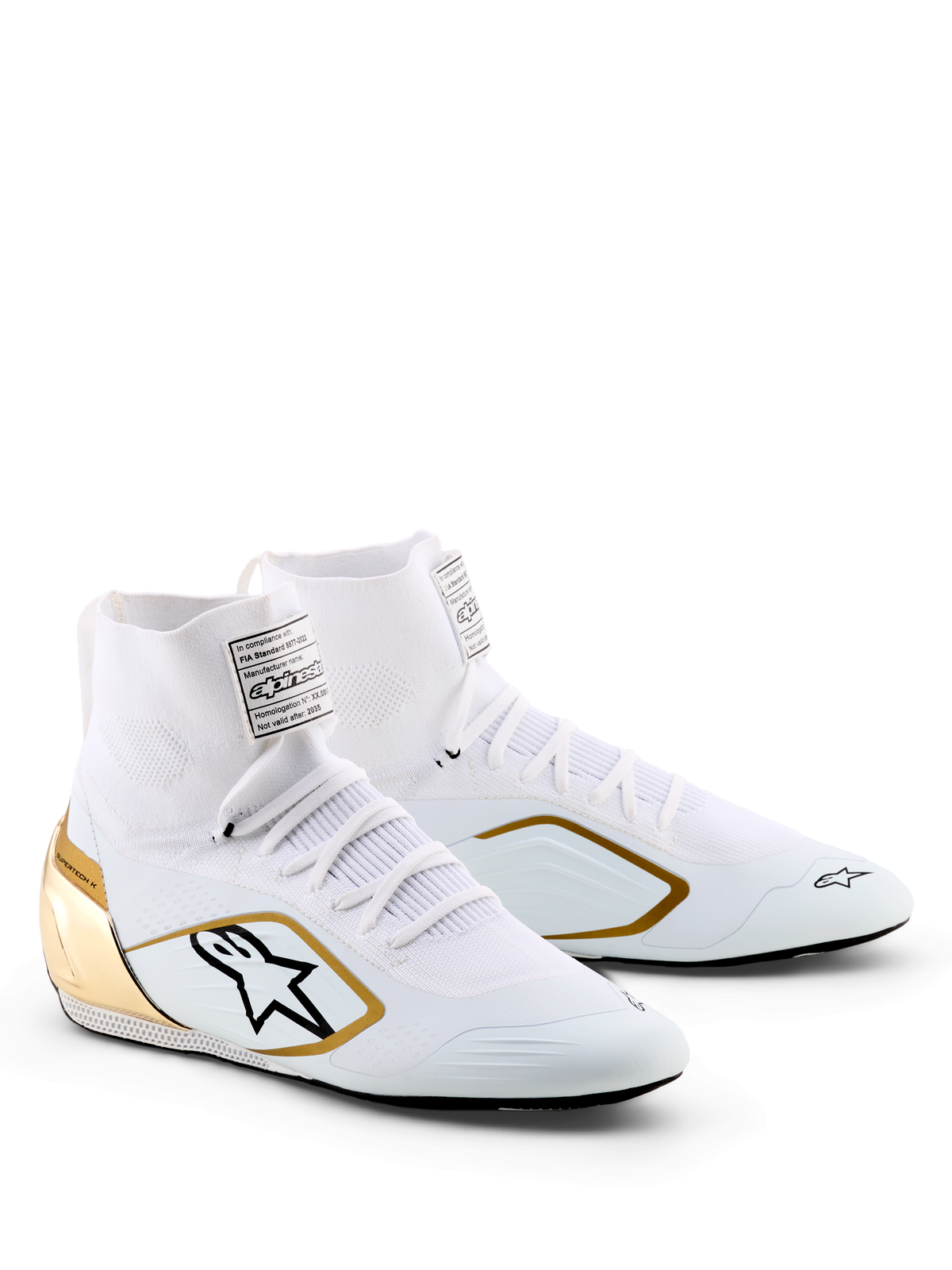 Alpinestars Supertech K Shoes - FIA, scarpe da karting, bianco, nero e oro, con tomaia in maglia, contrafforte del tallone dorato metallizzato, logo Alpinestars nero con bordo oro, calzatura professionale da corsa per karting