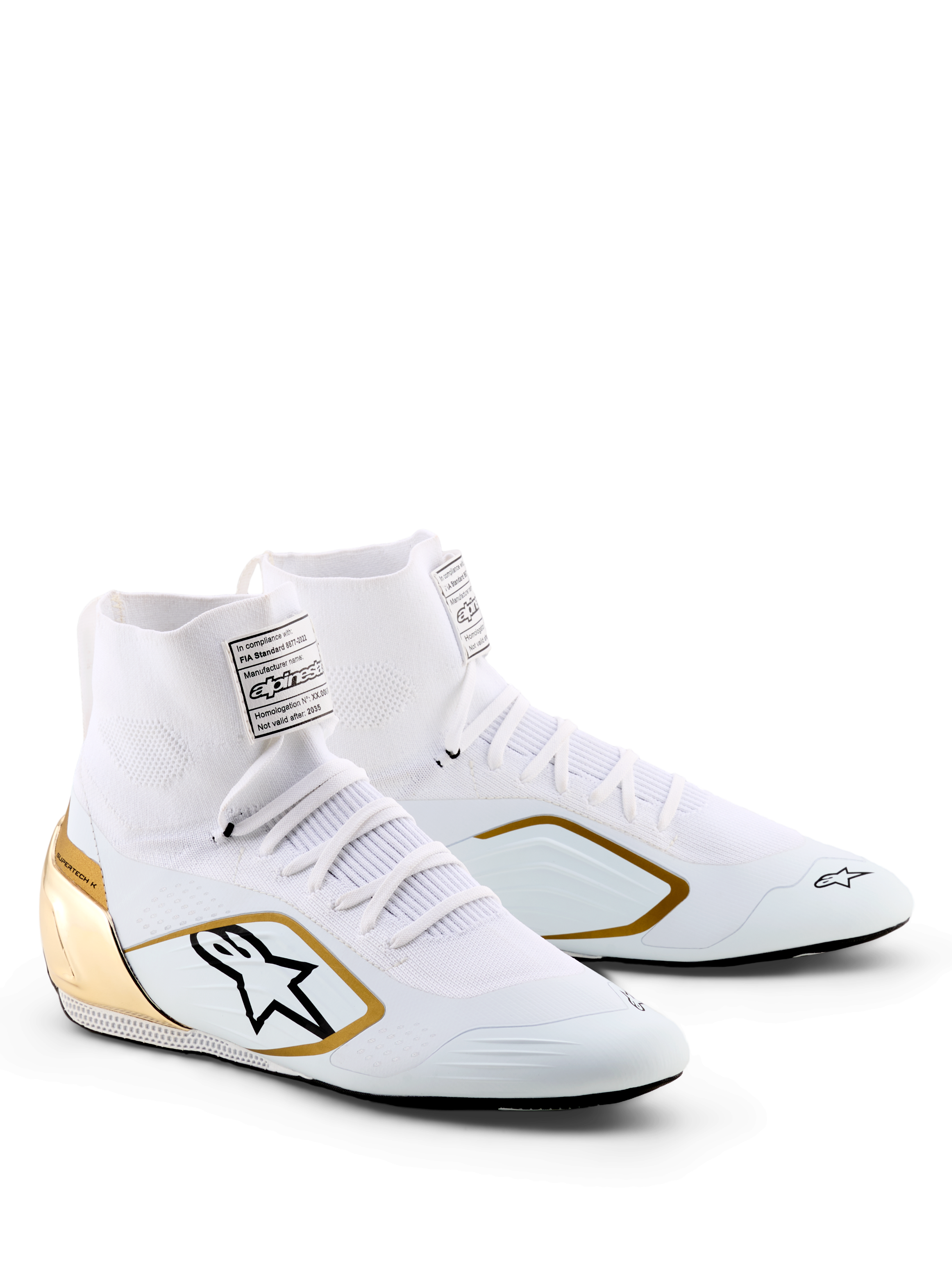 Alpinestars Supertech K Shoes - FIA, scarpe da karting, bianco, nero e oro, con tomaia in maglia, contrafforte del tallone dorato metallizzato, logo Alpinestars nero con bordo oro, calzatura professionale da corsa per karting