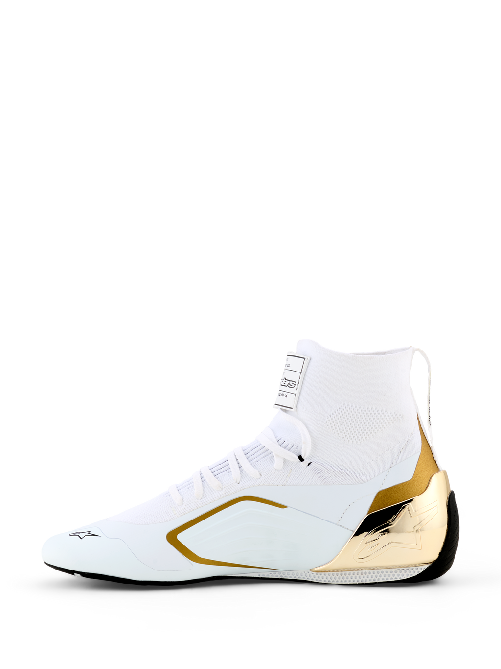 Alpinestars Scarpe Supertech K - FIA, scarpe da karting, bianco e oro, profilo laterale con tomaia in maglia bianca, contrafforte del tallone in TPU iniettato oro metallizzato e accenti laterali oro, design da corsa aerodinamico per motorsport professionale