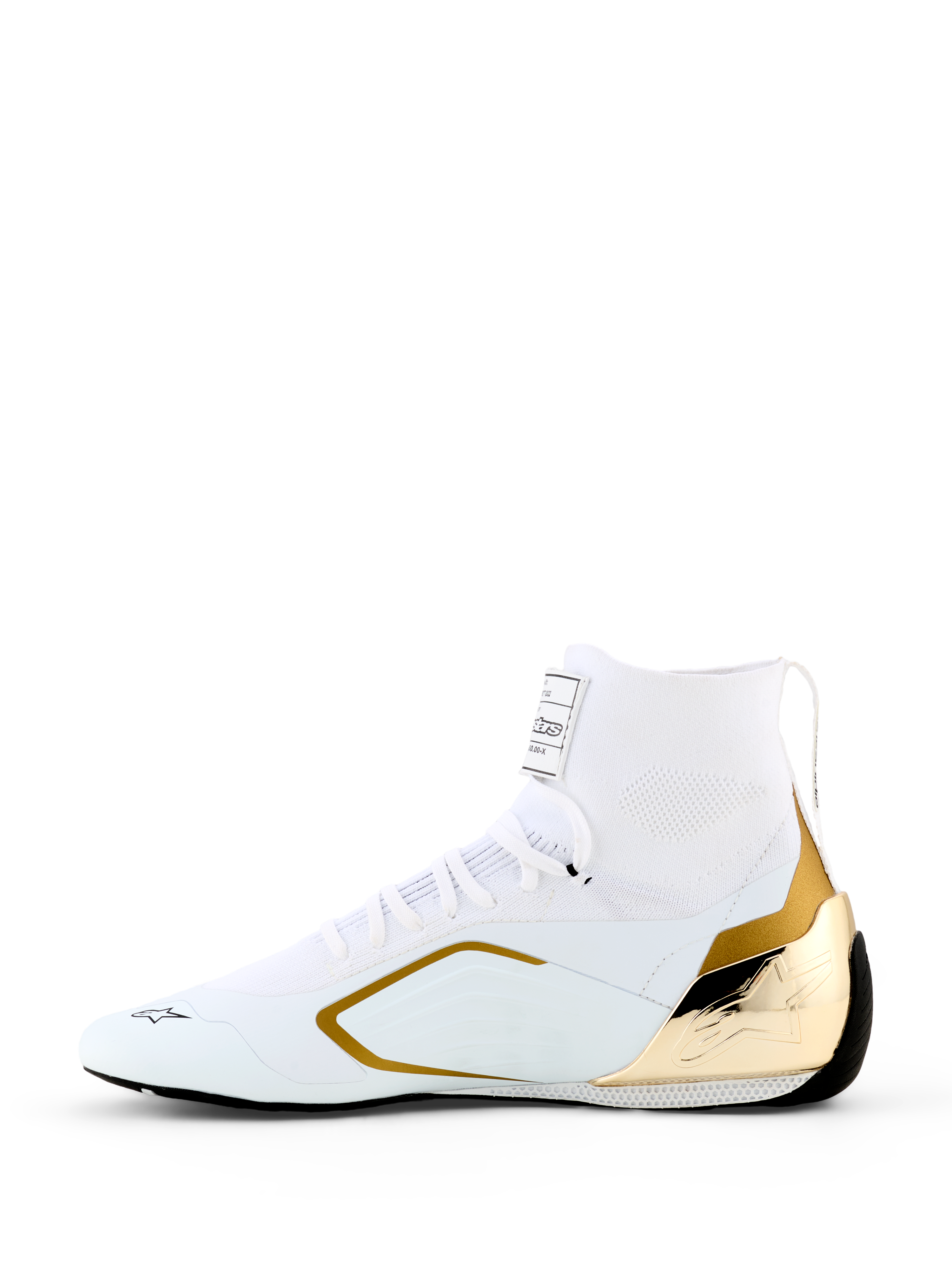 Alpinestars Scarpe Supertech K - FIA, scarpe da karting, bianco e oro, profilo laterale con tomaia in maglia bianca, contrafforte del tallone in TPU iniettato oro metallizzato e accenti laterali oro, design da corsa aerodinamico per motorsport professionale