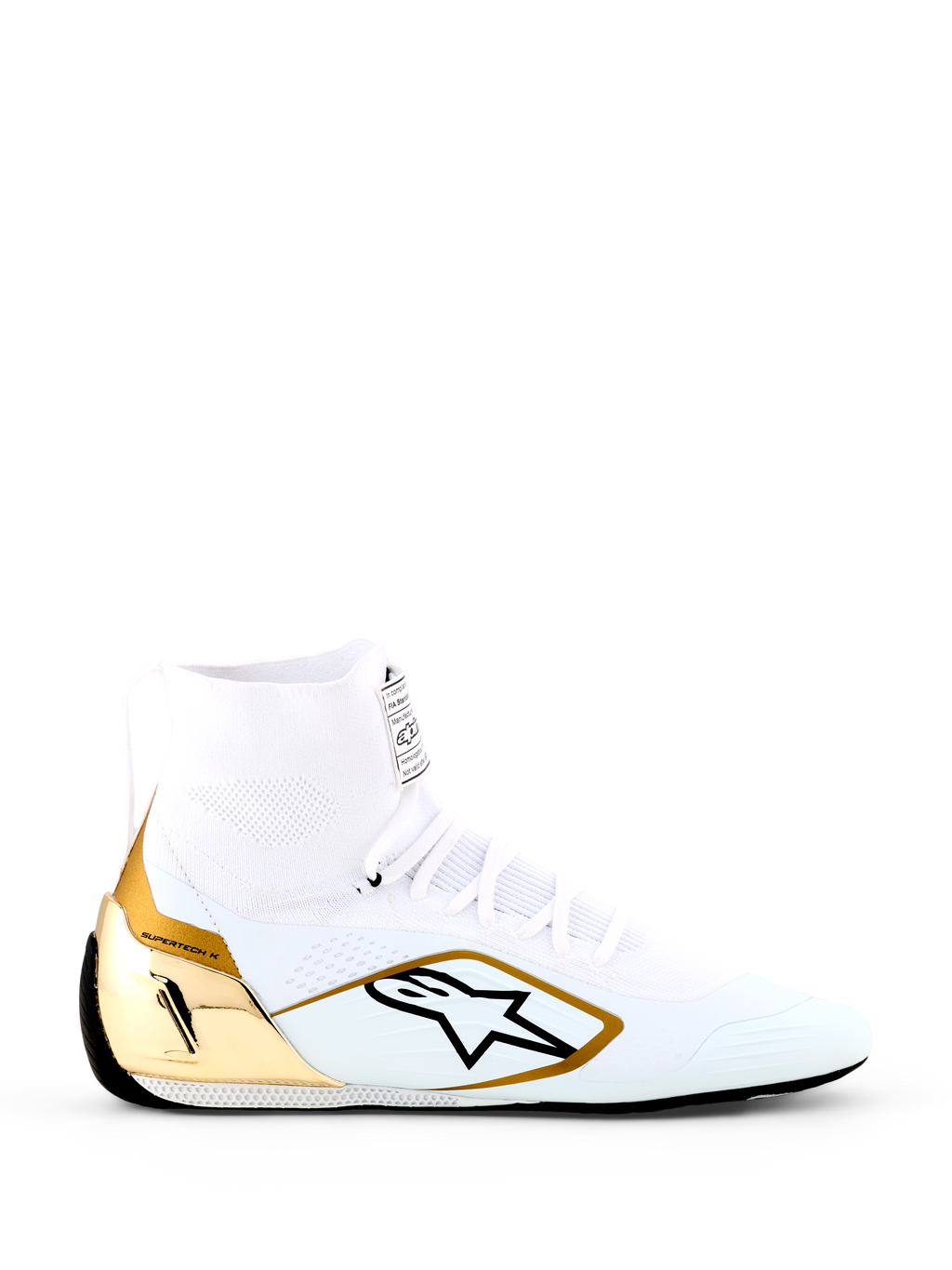 Alpinestars Supertech K Shoes - FIA, scarpe da karting bianche e oro, design alto con tomaia completamente in maglia, contrafforte del tallone in TPU oro metallizzato, logo stella Alpinestars nero, suola racing ultra sottile, calzatura professionale certificata FIA