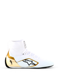 Alpinestars Supertech K Shoes - FIA, scarpe da karting bianche e oro, design alto con tomaia completamente in maglia, contrafforte del tallone in TPU oro metallizzato, logo stella Alpinestars nero, suola racing ultra sottile, calzatura professionale certificata FIA