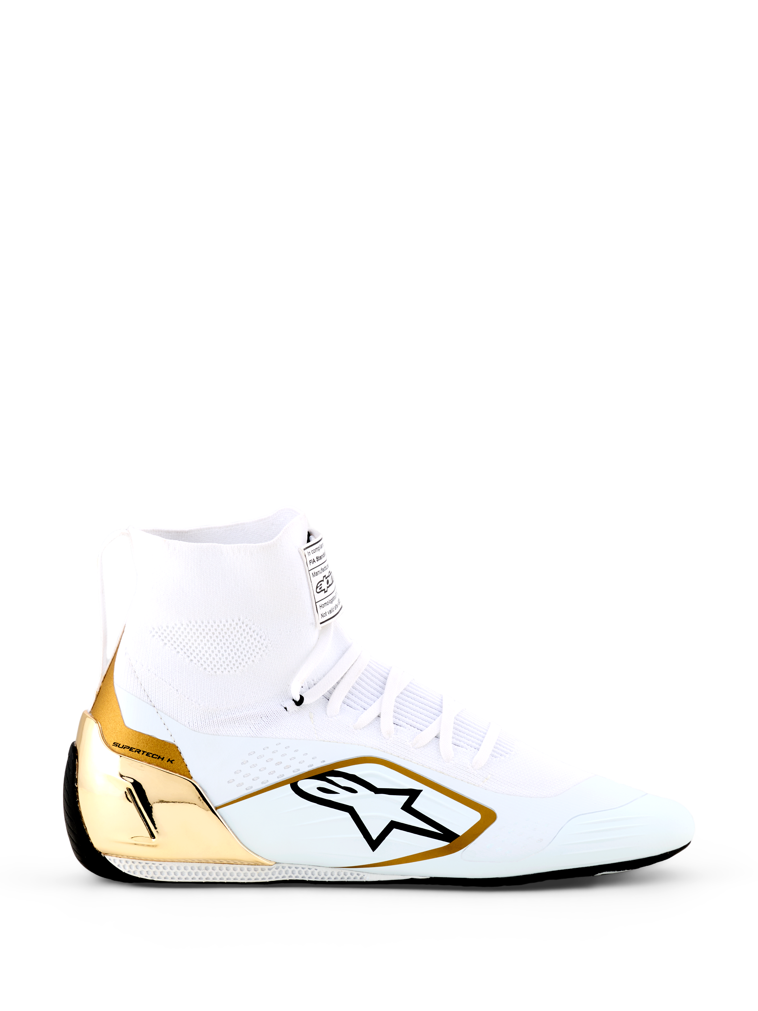 Alpinestars Supertech K Shoes - FIA, scarpe da karting bianche e oro, design alto con tomaia completamente in maglia, contrafforte del tallone in TPU oro metallizzato, logo stella Alpinestars nero, suola racing ultra sottile, calzatura professionale certificata FIA