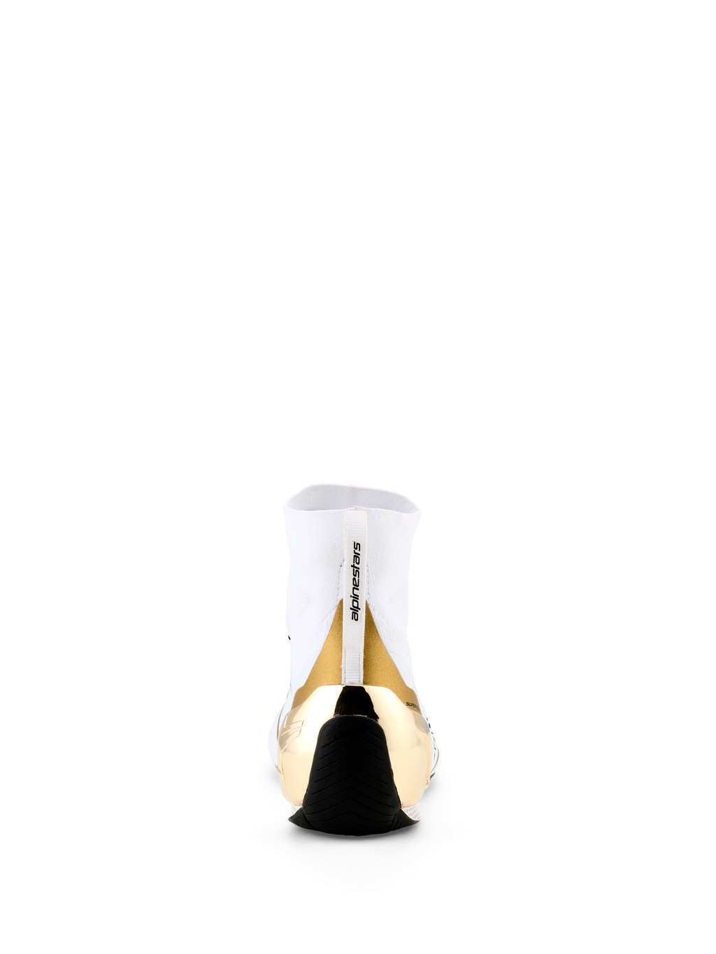 Scarpe Alpinestars Supertech K - FIA, scarpe da karting, bianco e oro, vista posteriore con contrafforte del tallone in TPU iniettato color oro metallizzato, tomaia in maglia bianca con tirante logato e sottile suola in gomma nera.