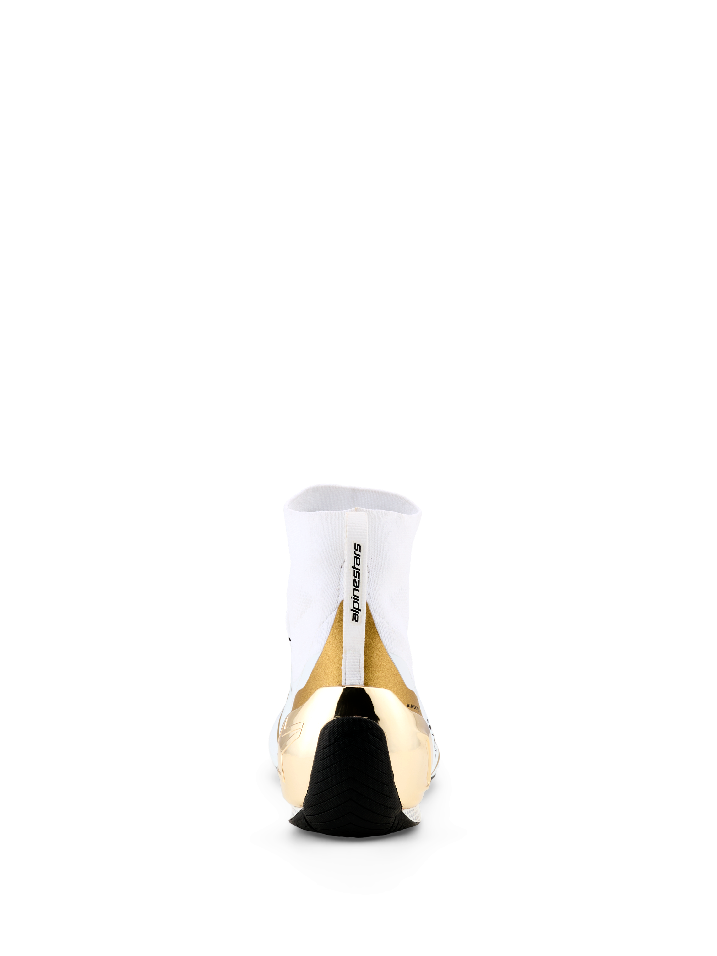 Scarpe Alpinestars Supertech K - FIA, scarpe da karting, bianco e oro, vista posteriore con contrafforte del tallone in TPU iniettato color oro metallizzato, tomaia in maglia bianca con tirante logato e sottile suola in gomma nera.