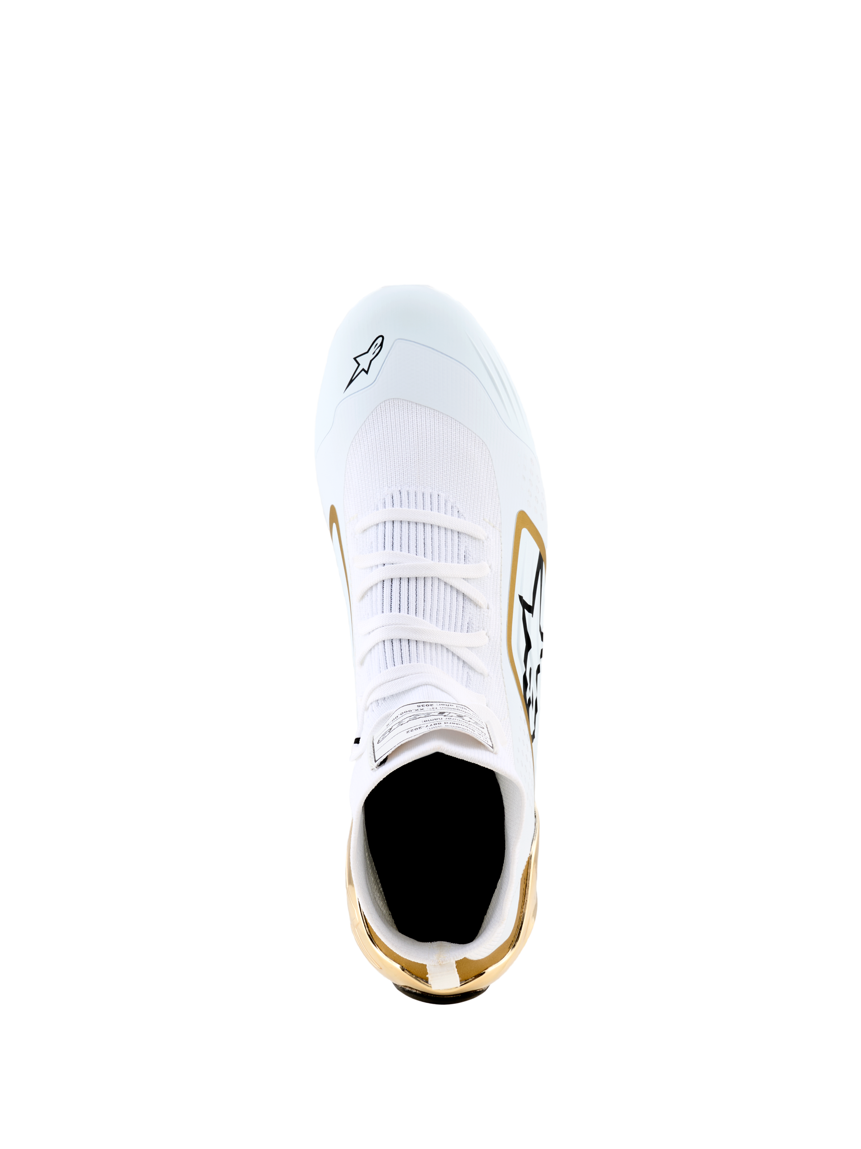 Scarpe Alpinestars Supertech K - FIA, bianco nero oro, vista dall'alto che mostra la tomaia in maglia bianca con accenti dorati sul tallone e sui lati, dettagli del logo neri, calzature da kart ad alte prestazioni