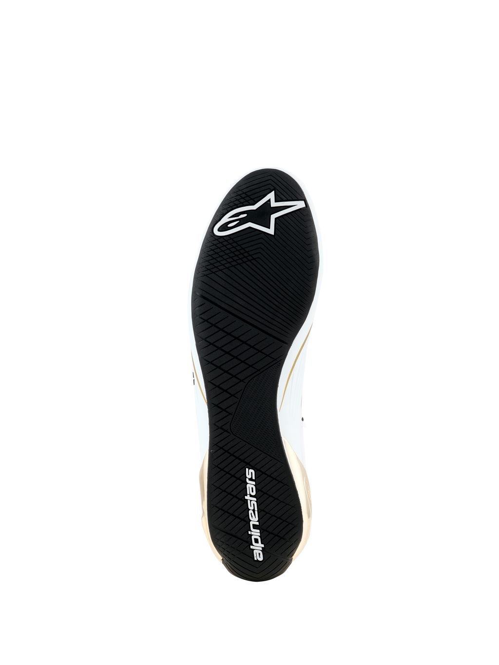 Scarpe Alpinestars Supertech K - FIA, vista dal basso con suola in gomma nera ultra-sottile, battistrada asimmetrico per l'aderenza, logo e scritta Alpinestars bianchi, dettagli laterali oro e bianchi, calzature tecniche da karting