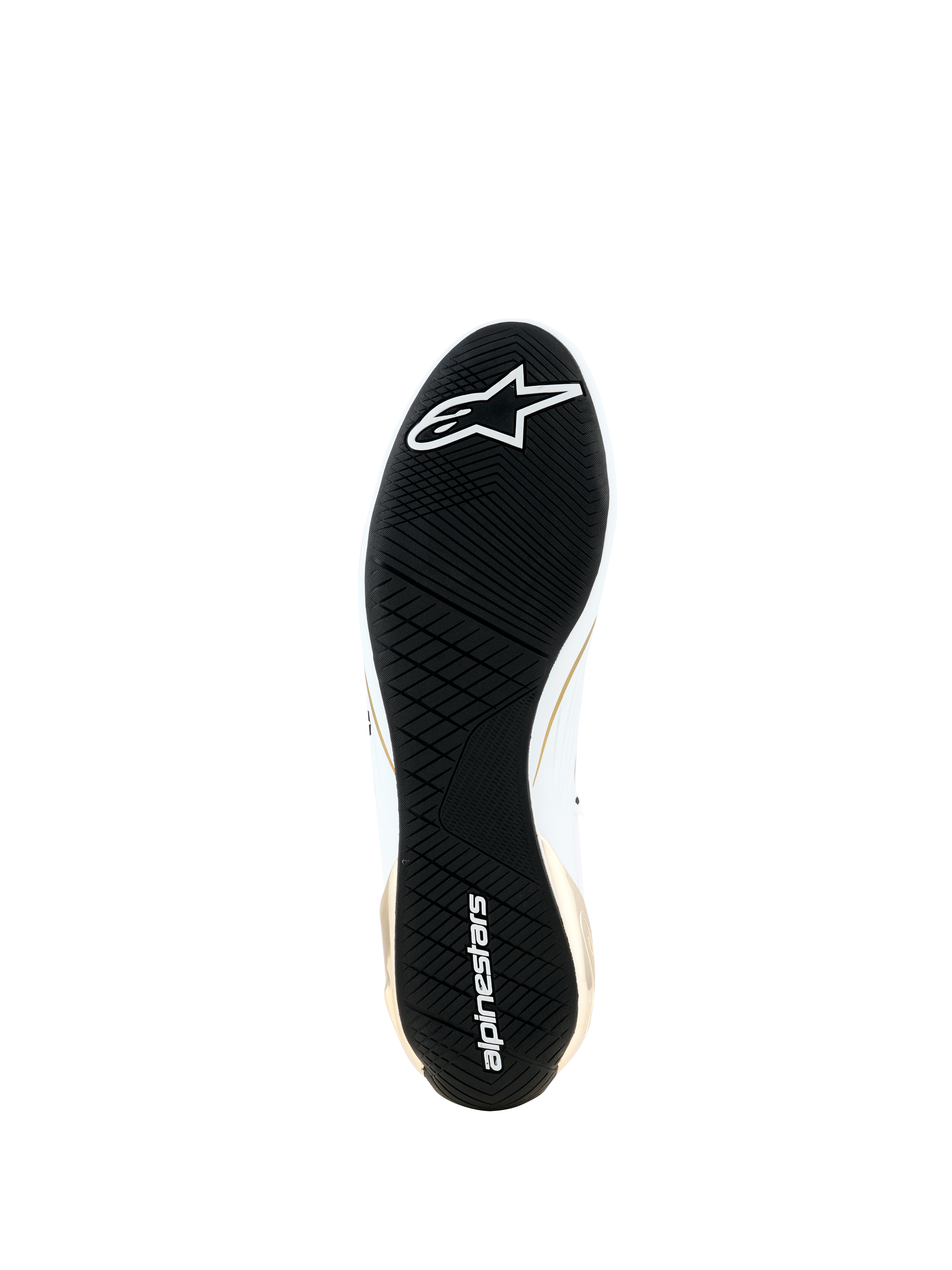 Scarpe Alpinestars Supertech K - FIA, vista dal basso con suola in gomma nera ultra-sottile, battistrada asimmetrico per l'aderenza, logo e scritta Alpinestars bianchi, dettagli laterali oro e bianchi, calzature tecniche da karting