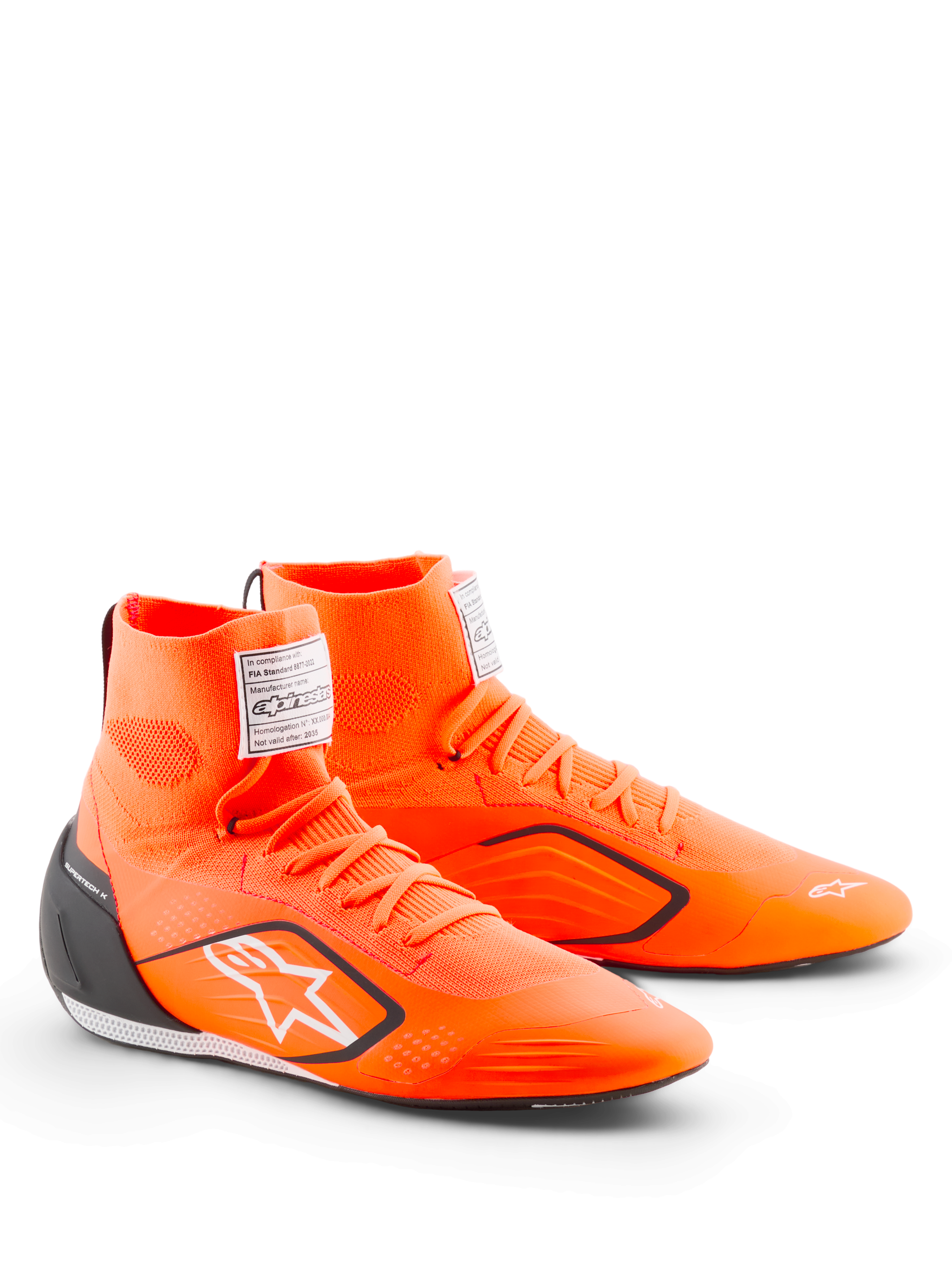 Alpinestars Supertech K Shoes - FIA, scarpe da karting, arancione fluo, nero e bianco, con tomaia in maglia high-top, contrafforte del tallone in TPU nero, logo Alpinestars bianco ed etichetta di certificazione FIA sulla linguetta