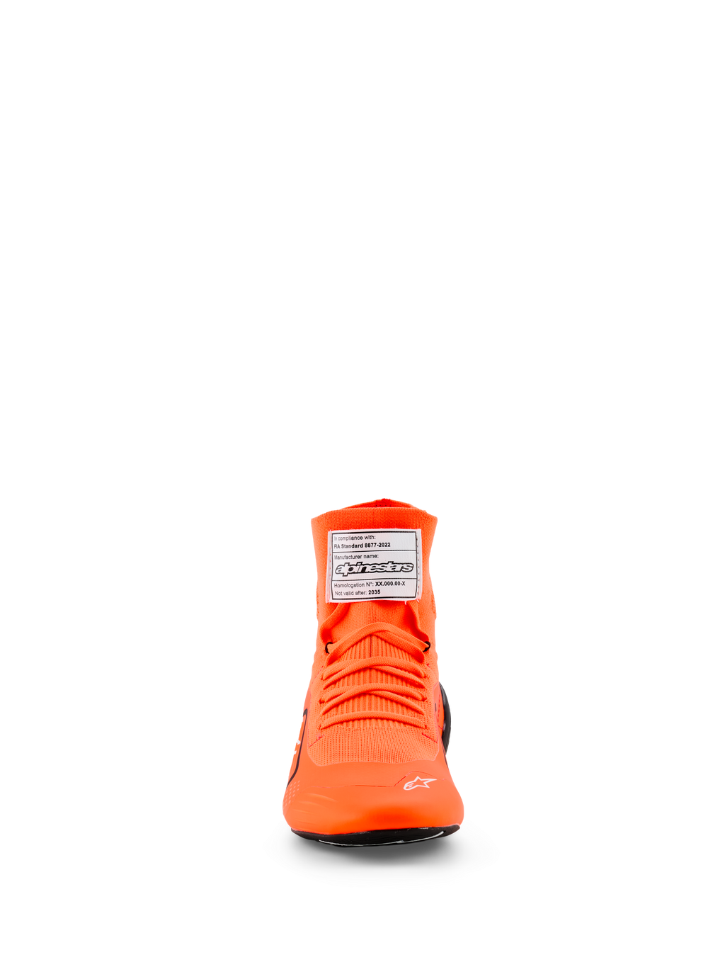 Alpinestars Supertech K Shoes - FIA, scarpe da karting, arancione fluo, vista frontale con tomaia in maglia e lacci arancioni abbinati, etichetta di certificazione FIA bianca sulla linguetta e piccolo logo a stella bianco sulla punta