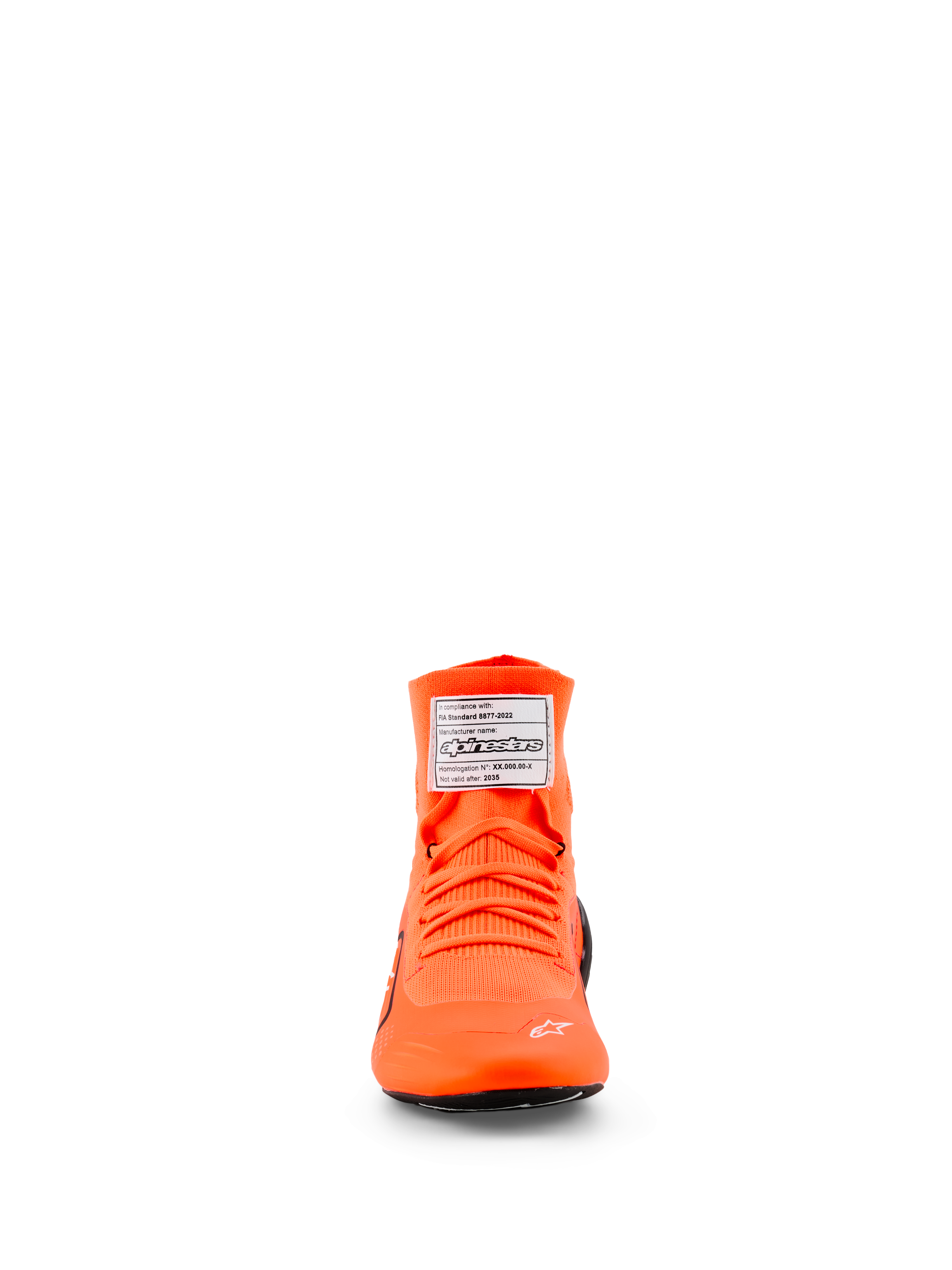 Alpinestars Supertech K Shoes - FIA, scarpe da karting, arancione fluo, vista frontale con tomaia in maglia e lacci arancioni abbinati, etichetta di certificazione FIA bianca sulla linguetta e piccolo logo a stella bianco sulla punta