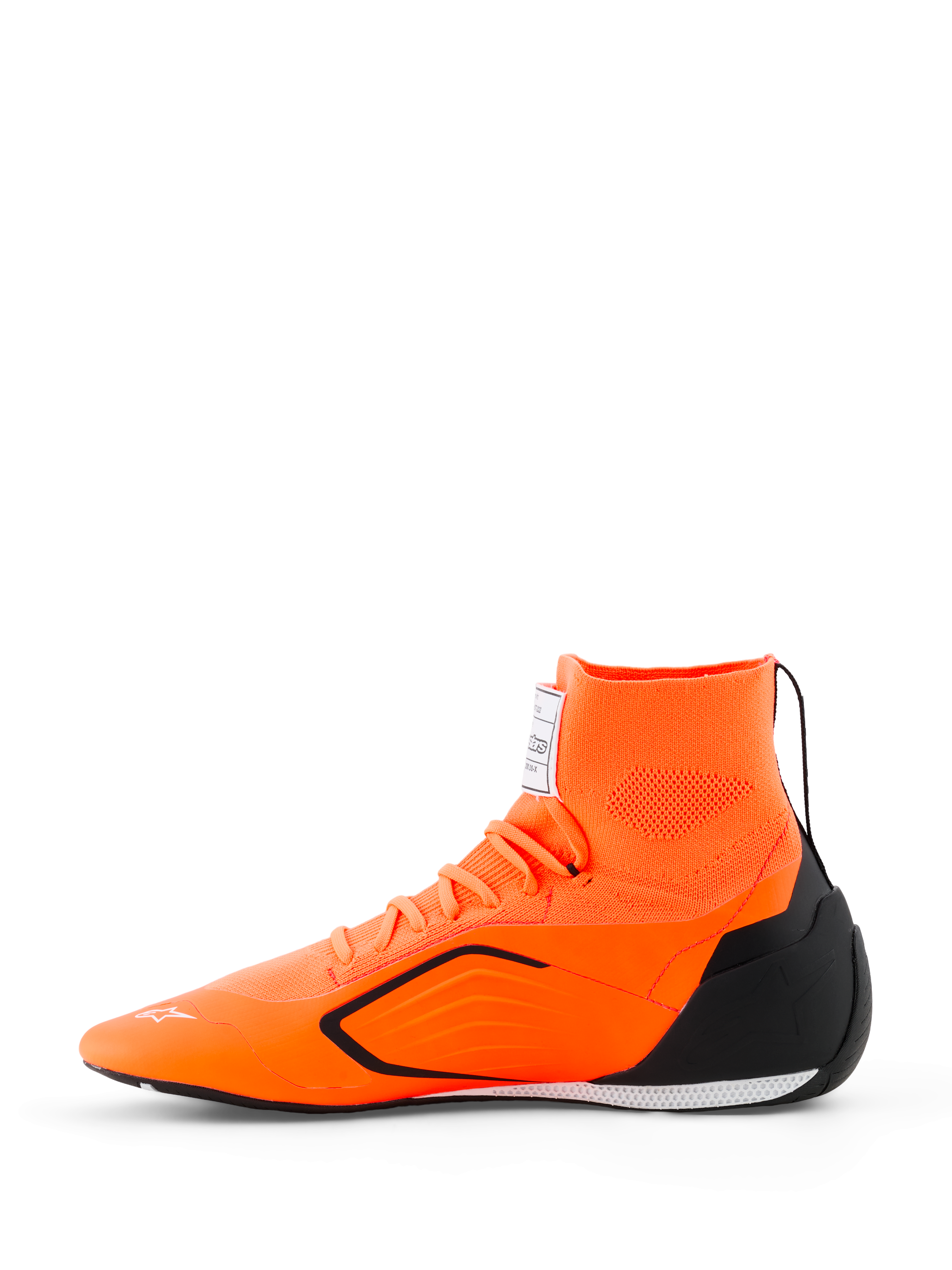 Alpinestars Supertech K Shoes - FIA, scarpe da karting, arancione fluo, nero e bianco, vista laterale con tomaia in maglia senza cuciture, colletto integrato, contrafforte del tallone in TPU nero e suola performante ultra-sottile.
