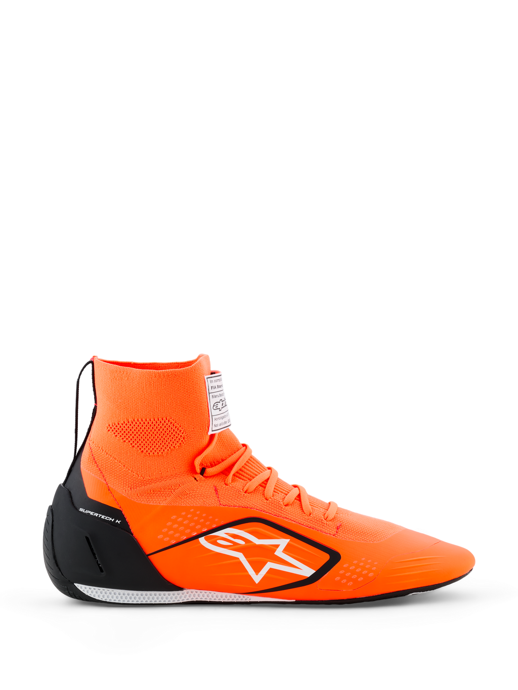 Alpinestars Supertech K Shoes - FIA, scarpe da karting, arancione fluo con accenti neri e bianchi, costruzione a maglia alta con logo a stella bianco, contrafforte del tallone in TPU nero, suola da corsa ultra-sottile, vista laterale