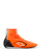 Alpinestars Supertech K Shoes - FIA, scarpe da karting, arancione fluo con accenti neri e bianchi, costruzione a maglia alta con logo a stella bianco, contrafforte del tallone in TPU nero, suola da corsa ultra-sottile, vista laterale