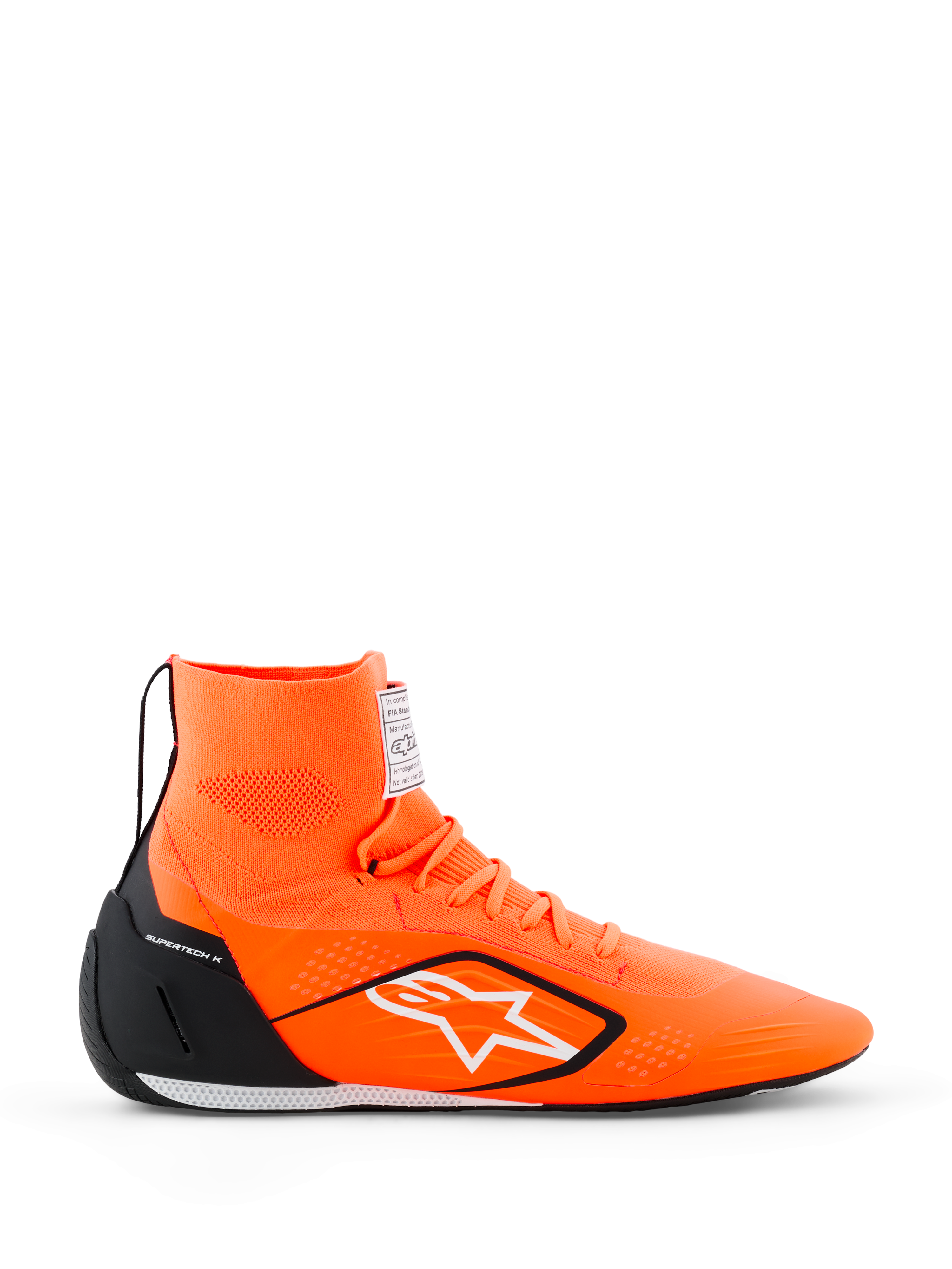Alpinestars Supertech K Shoes - FIA, scarpe da karting, arancione fluo con accenti neri e bianchi, costruzione a maglia alta con logo a stella bianco, contrafforte del tallone in TPU nero, suola da corsa ultra-sottile, vista laterale