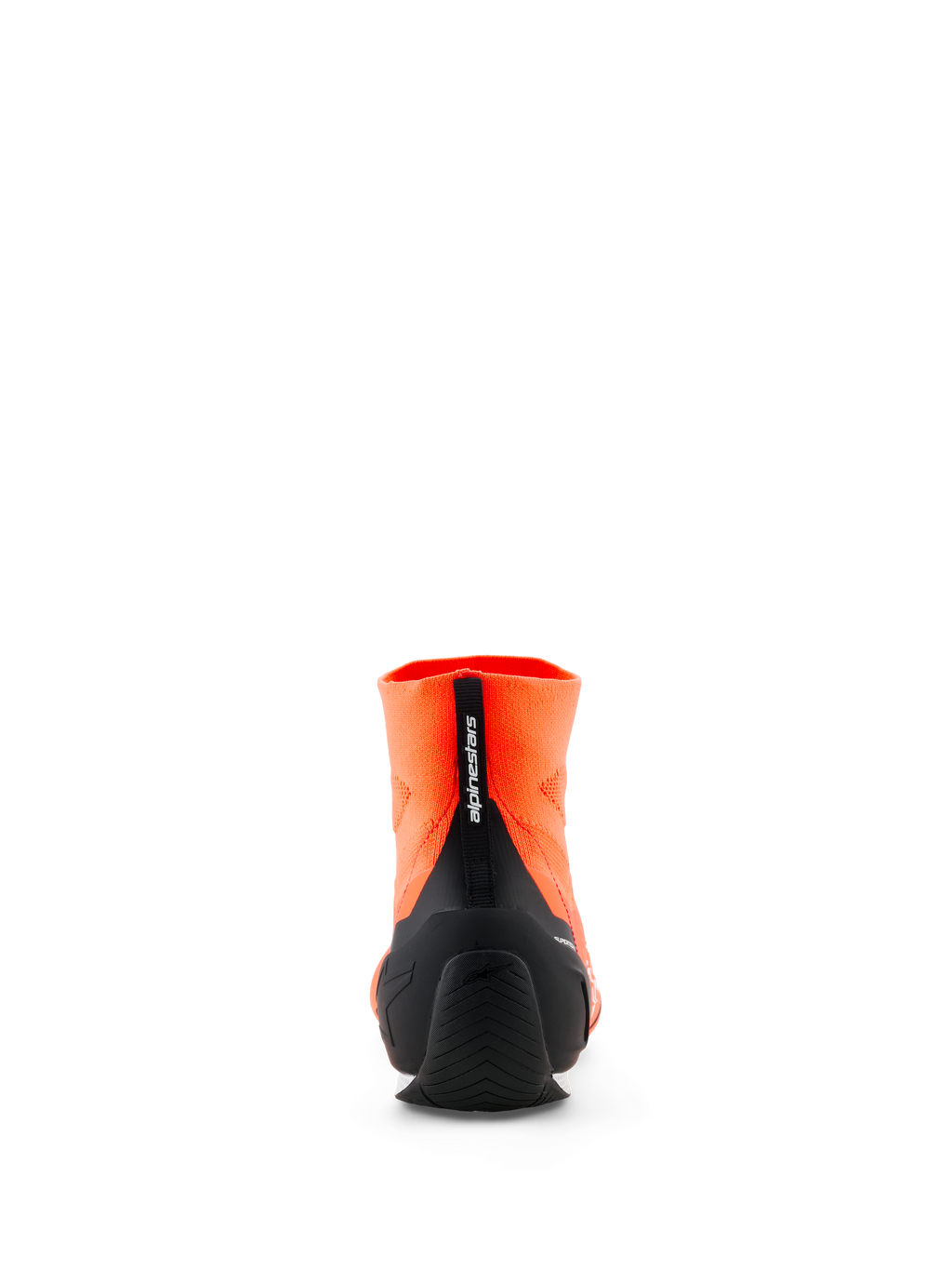 Scarpe Alpinestars Supertech K - FIA, scarpe da karting, arancione fluo e nero, vista posteriore che mostra la tomaia a maglia, contrafforte del tallone in TPU iniettato nero e tirante verticale con branding Alpinestars, calzature professionali per motorsport.