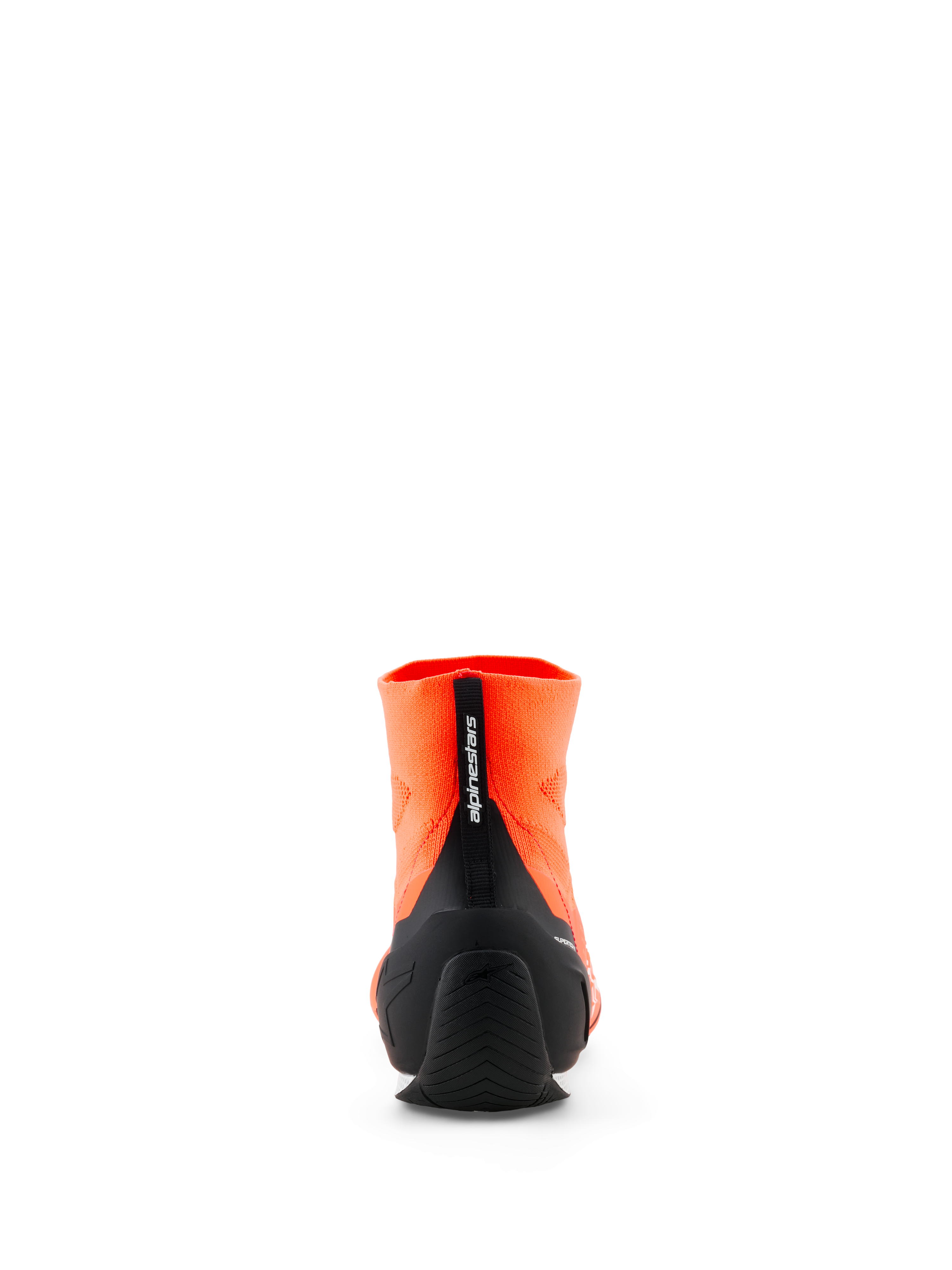 Scarpe Alpinestars Supertech K - FIA, scarpe da karting, arancione fluo e nero, vista posteriore che mostra la tomaia a maglia, contrafforte del tallone in TPU iniettato nero e tirante verticale con branding Alpinestars, calzature professionali per motorsport.