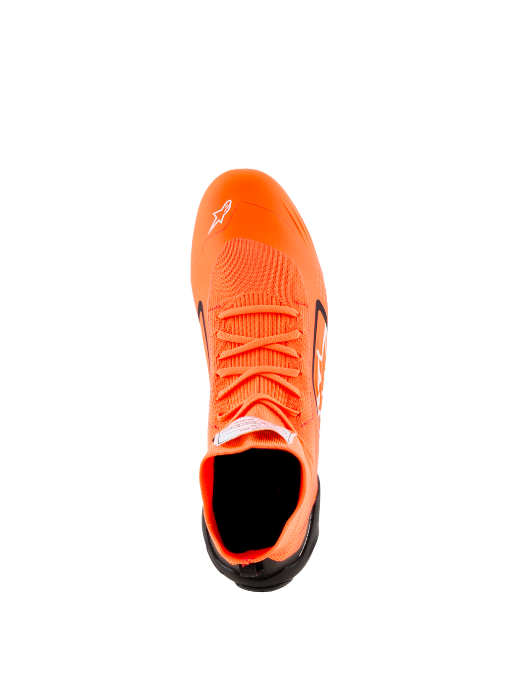 Alpinestars Supertech K Shoes - FIA, scarpe da kart, arancione fluo, nero e bianco, vista dall'alto che mostra la costruzione della tomaia in maglia, lacci arancioni, logo Astars bianco sulla punta e contrafforte del tallone nero