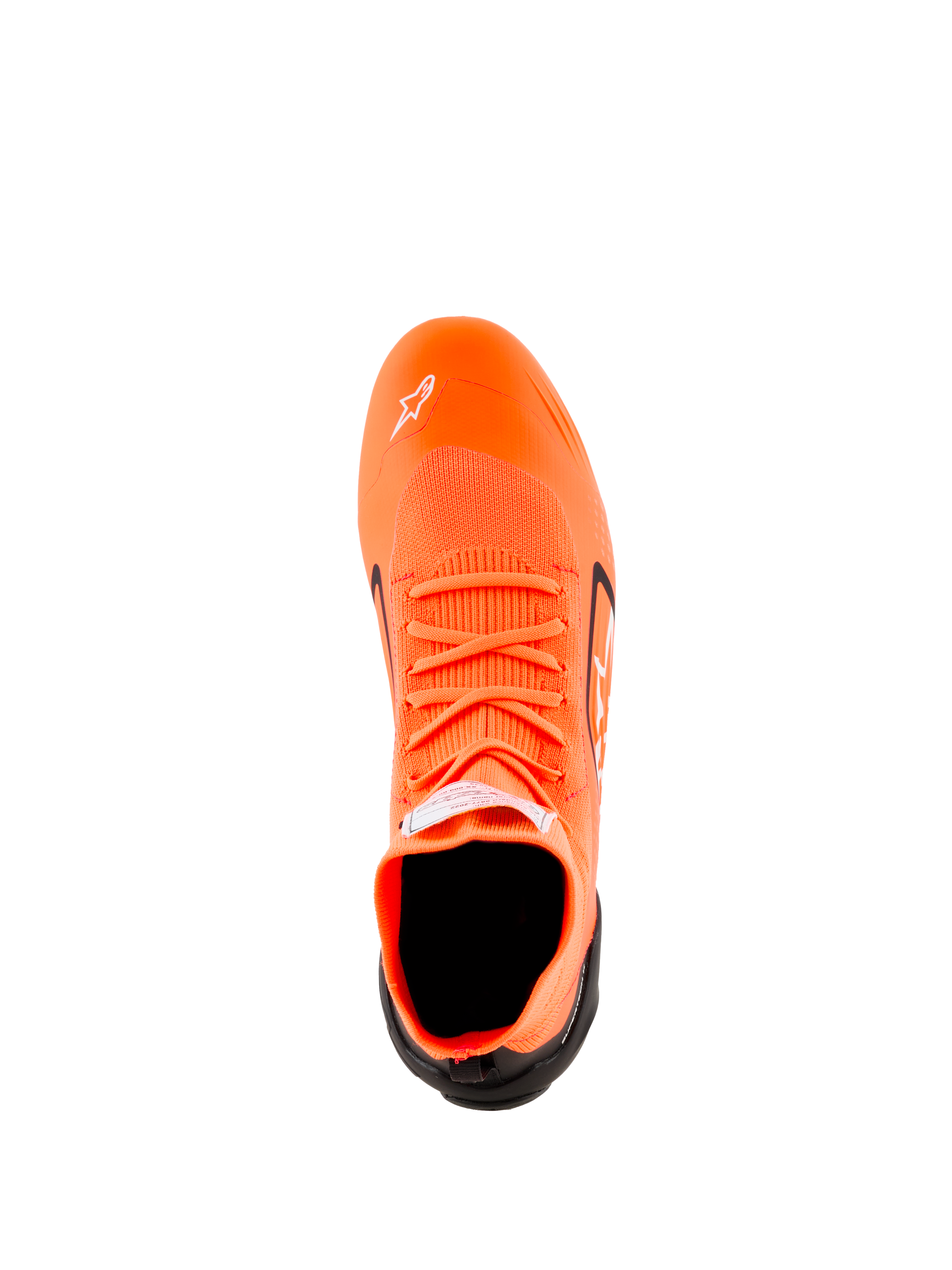 Alpinestars Supertech K Shoes - FIA, scarpe da kart, arancione fluo, nero e bianco, vista dall'alto che mostra la costruzione della tomaia in maglia, lacci arancioni, logo Astars bianco sulla punta e contrafforte del tallone nero