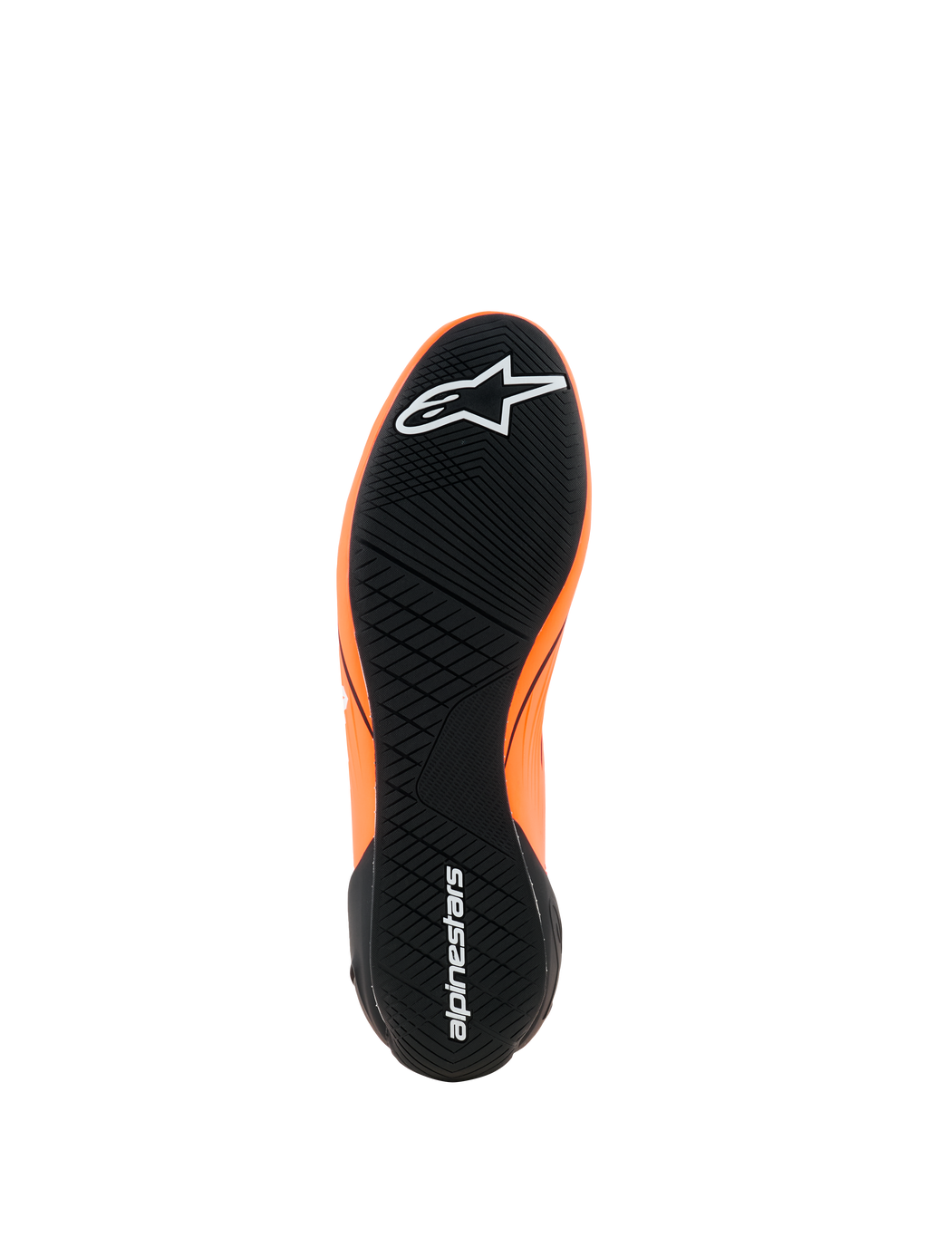 Alpinestars Supertech K Shoes - FIA, scarpe da karting, arancione fluo nero e bianco, vista della suola in gomma nera con battistrada asimmetrico, loghi Alpinestars bianchi su punta e tallone, suola tecnica ultra sottile
