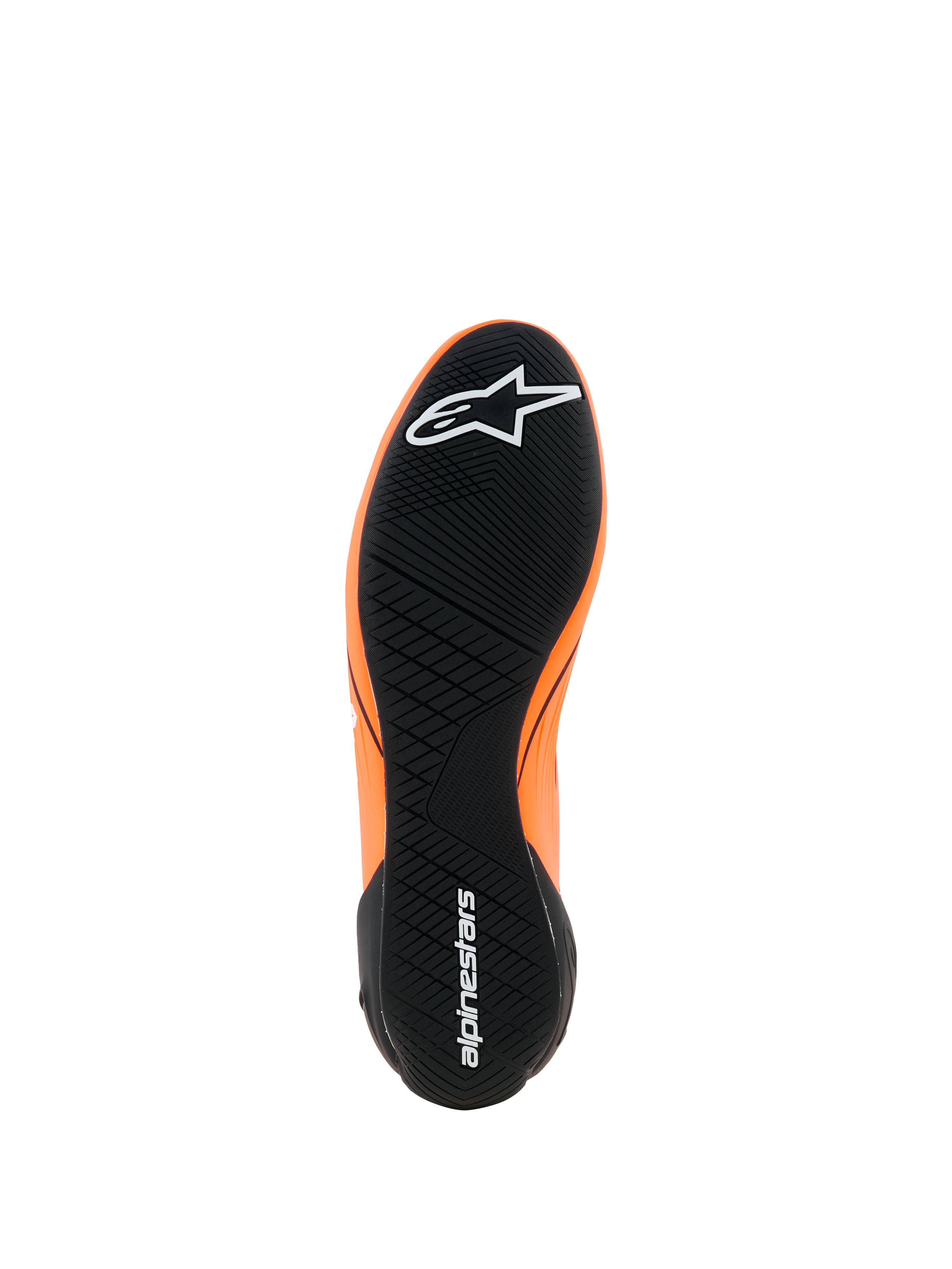 Alpinestars Supertech K Shoes - FIA, scarpe da karting, arancione fluo nero e bianco, vista della suola in gomma nera con battistrada asimmetrico, loghi Alpinestars bianchi su punta e tallone, suola tecnica ultra sottile