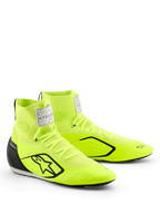 Scarpe Alpinestars Supertech K, scarpe da karting, giallo fluo, nero e bianco, con tomaia in maglia giallo neon, logo a stella nero, contrafforte del tallone in TPU iniettato, etichetta FIA bianca sulla linguetta e design motorsport elegante
