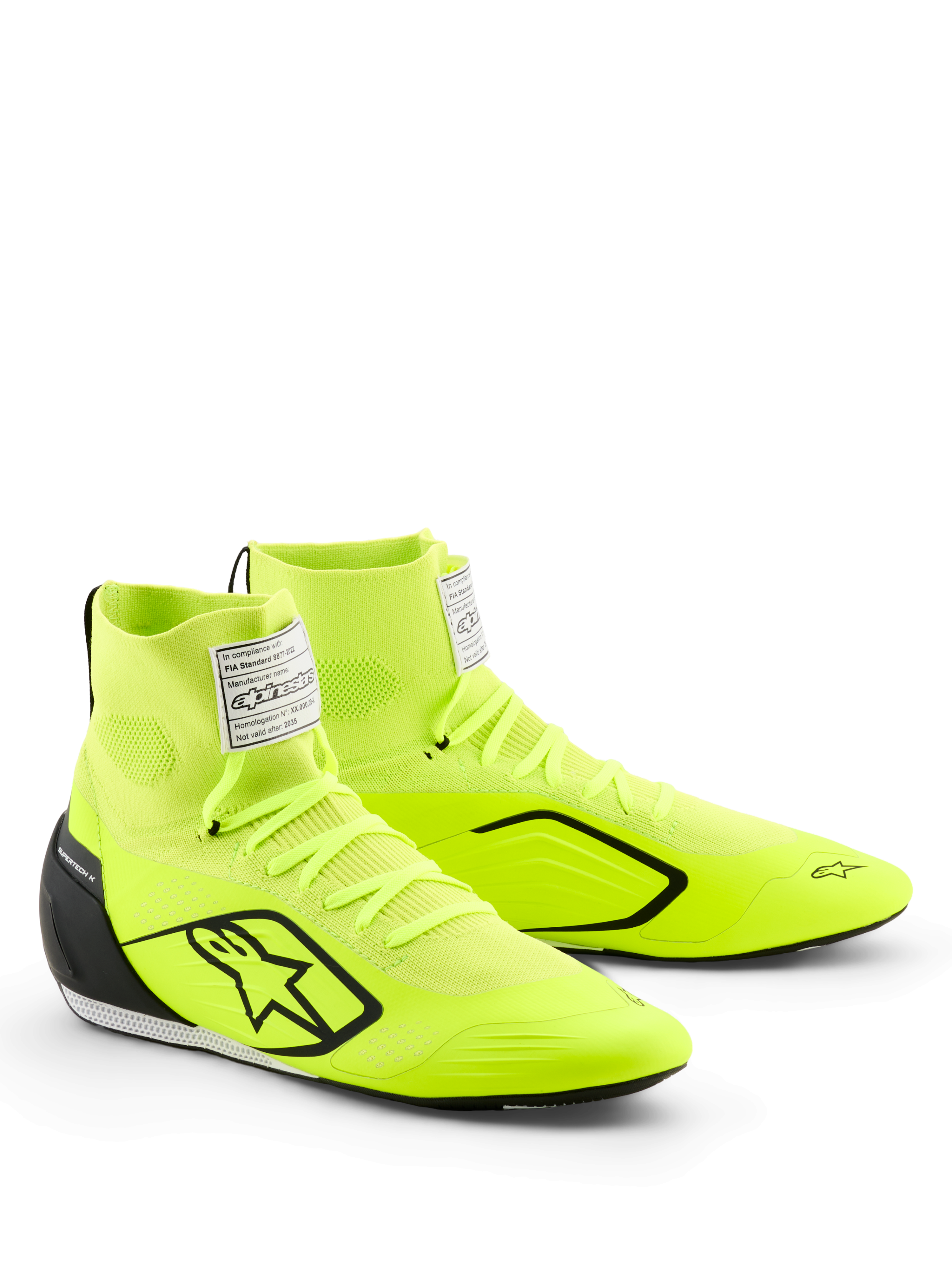 Scarpe Alpinestars Supertech K, scarpe da karting, giallo fluo, nero e bianco, con tomaia in maglia giallo neon, logo a stella nero, contrafforte del tallone in TPU iniettato, etichetta FIA bianca sulla linguetta e design motorsport elegante