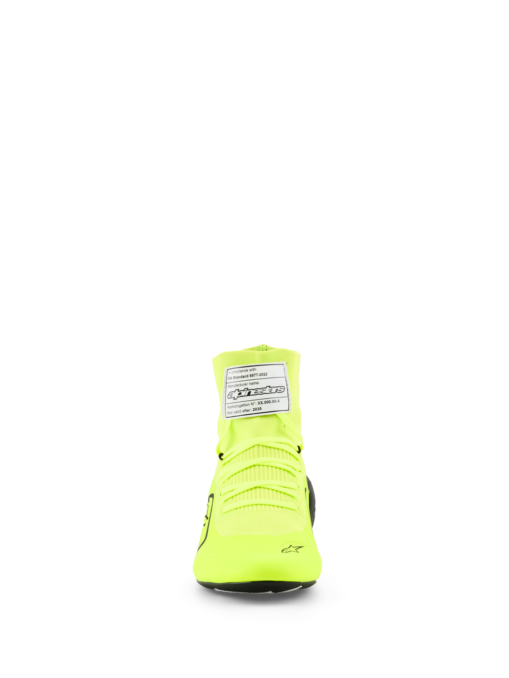 Scarpe Alpinestars Supertech K, scarpe da karting FIA, Giallo Fluo Nero Bianco, vista frontale che mostra la costruzione della tomaia in maglia, lacci giallo neon ed etichetta di certificazione FIA bianca sulla caviglia