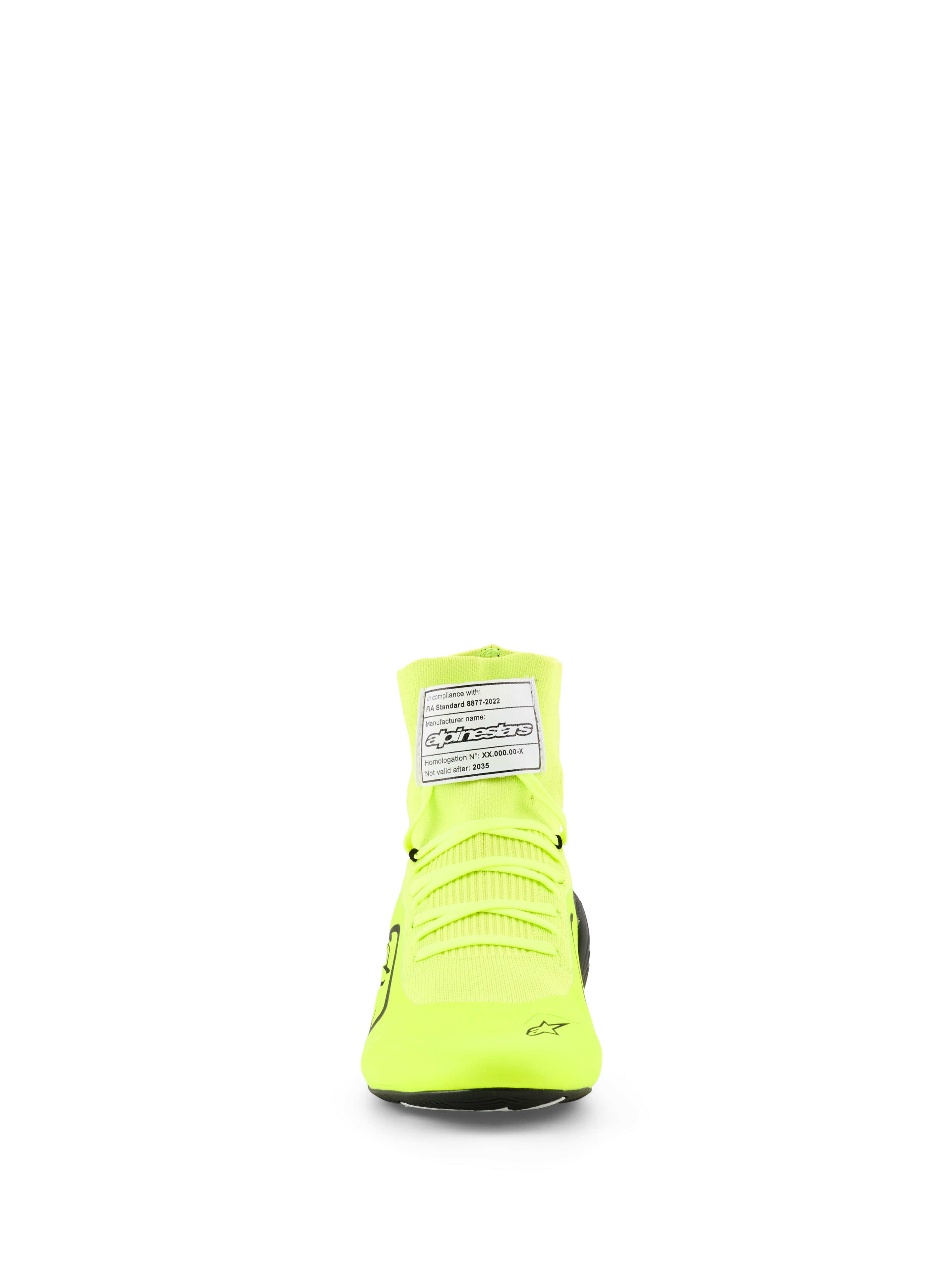 Scarpe Alpinestars Supertech K, scarpe da karting FIA, Giallo Fluo Nero Bianco, vista frontale che mostra la costruzione della tomaia in maglia, lacci giallo neon ed etichetta di certificazione FIA bianca sulla caviglia