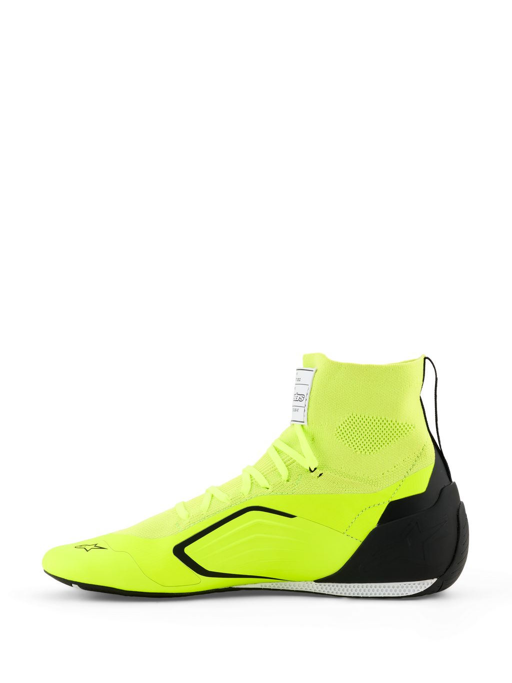 Scarpe Alpinestars Supertech K - FIA, scarpe da karting, giallo fluo, nero e bianco, vista laterale con tomaia in maglia e colletto a calzino, contrafforte del tallone in TPU nero, suola sottile bianca e nera e logo Alpinestars sulla punta e sulla linguetta