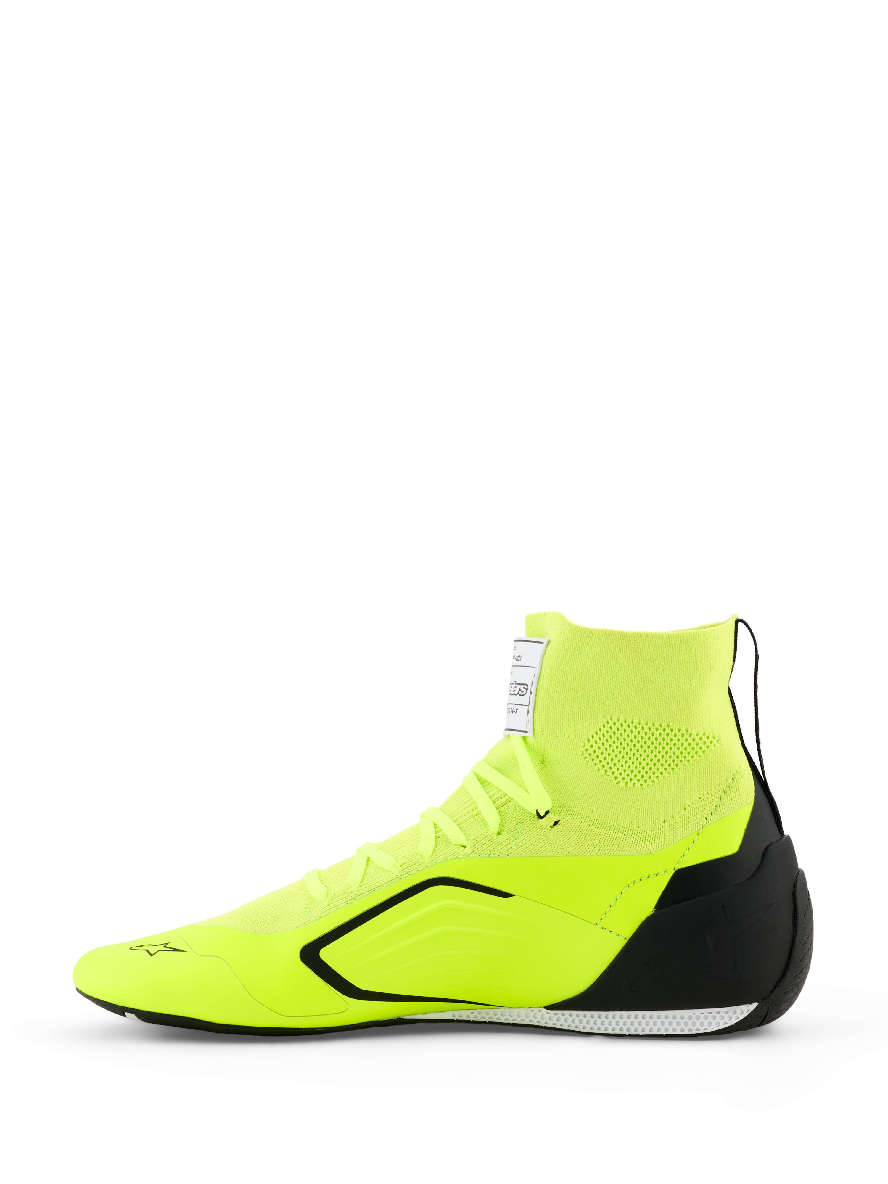 Scarpe Alpinestars Supertech K - FIA, scarpe da karting, giallo fluo, nero e bianco, vista laterale con tomaia in maglia e colletto a calzino, contrafforte del tallone in TPU nero, suola sottile bianca e nera e logo Alpinestars sulla punta e sulla linguetta