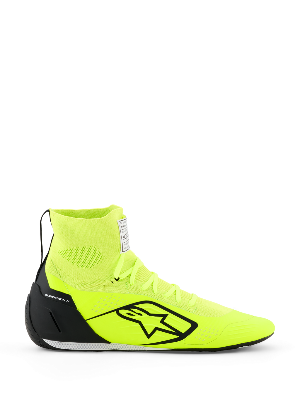 Scarpe Alpinestars Supertech K - FIA, scarpe da karting, giallo fluo e nero, vista laterale, tomaia completamente in maglia con colletto alto sulla caviglia, contrafforte del tallone in TPU nero, grande logo Alpinestars nero, calzatura da corsa leggera