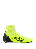 Scarpe Alpinestars Supertech K - FIA, scarpe da karting, giallo fluo e nero, vista laterale, tomaia completamente in maglia con colletto alto sulla caviglia, contrafforte del tallone in TPU nero, grande logo Alpinestars nero, calzatura da corsa leggera