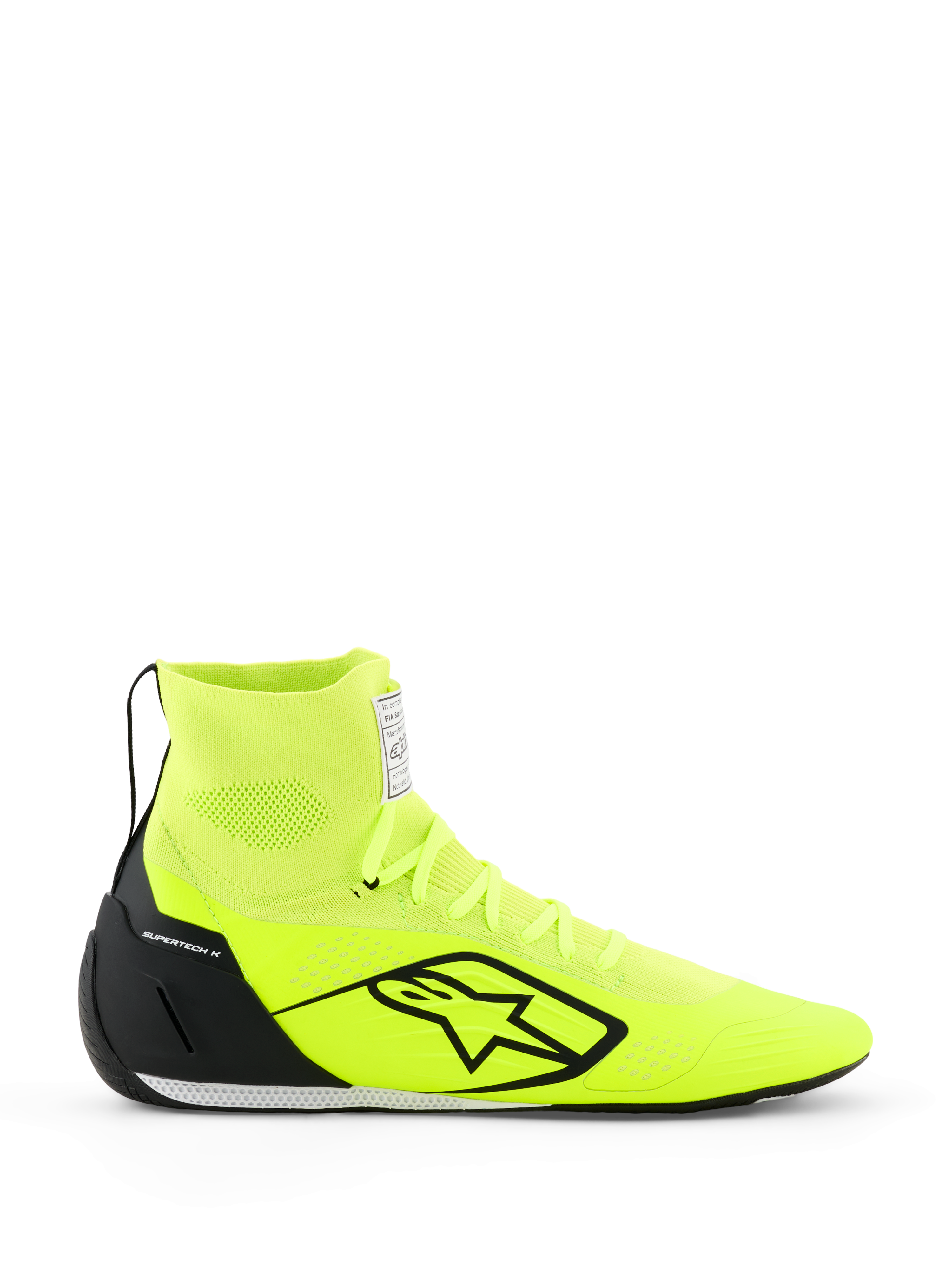 Scarpe Alpinestars Supertech K - FIA, scarpe da karting, giallo fluo e nero, vista laterale, tomaia completamente in maglia con colletto alto sulla caviglia, contrafforte del tallone in TPU nero, grande logo Alpinestars nero, calzatura da corsa leggera