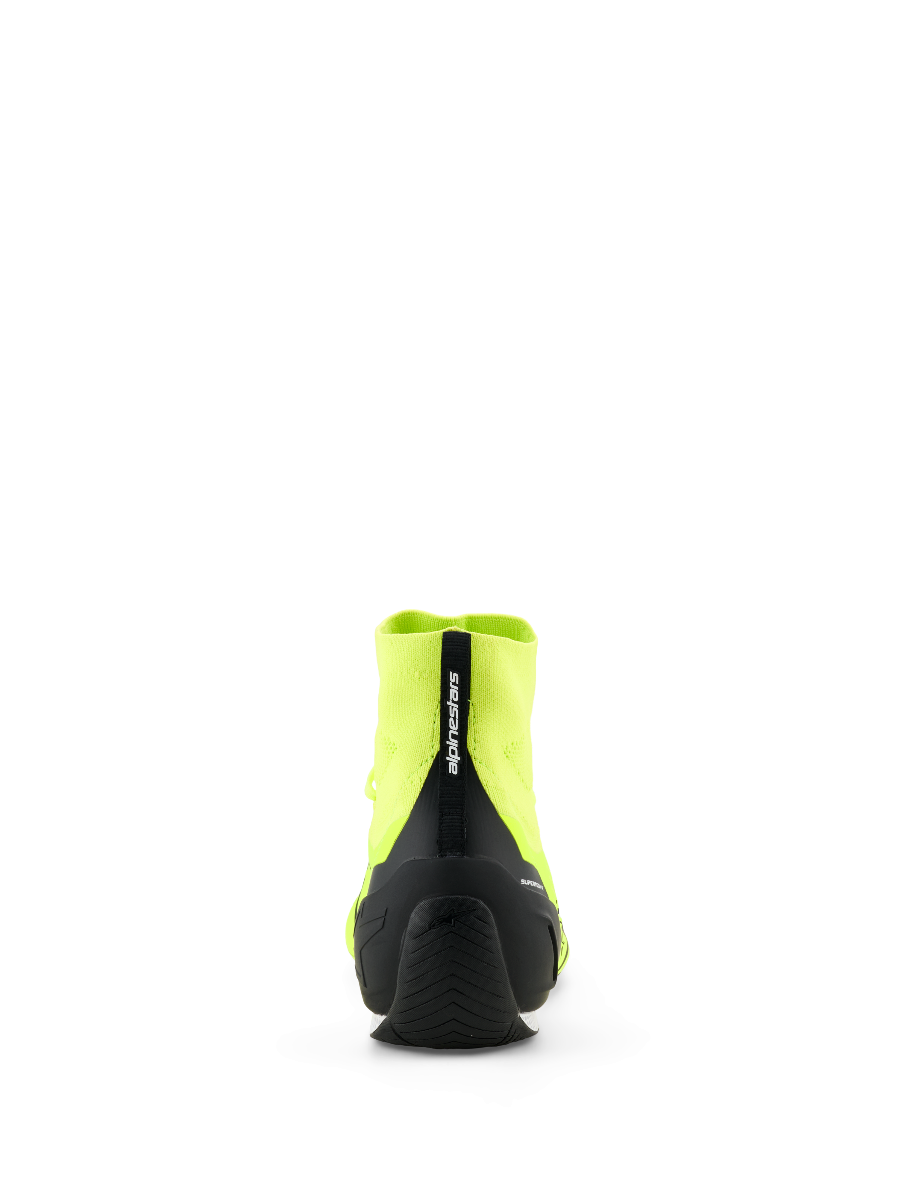 Alpinestars Supertech K Shoes - FIA, scarpe da karting, giallo fluo e nero, vista posteriore con contrafforte del tallone in TPU iniettato nero e tirante con marchio Alpinestars, costruzione della tomaia in maglia, suola in gomma sottile progettata per prestazioni da corsa.