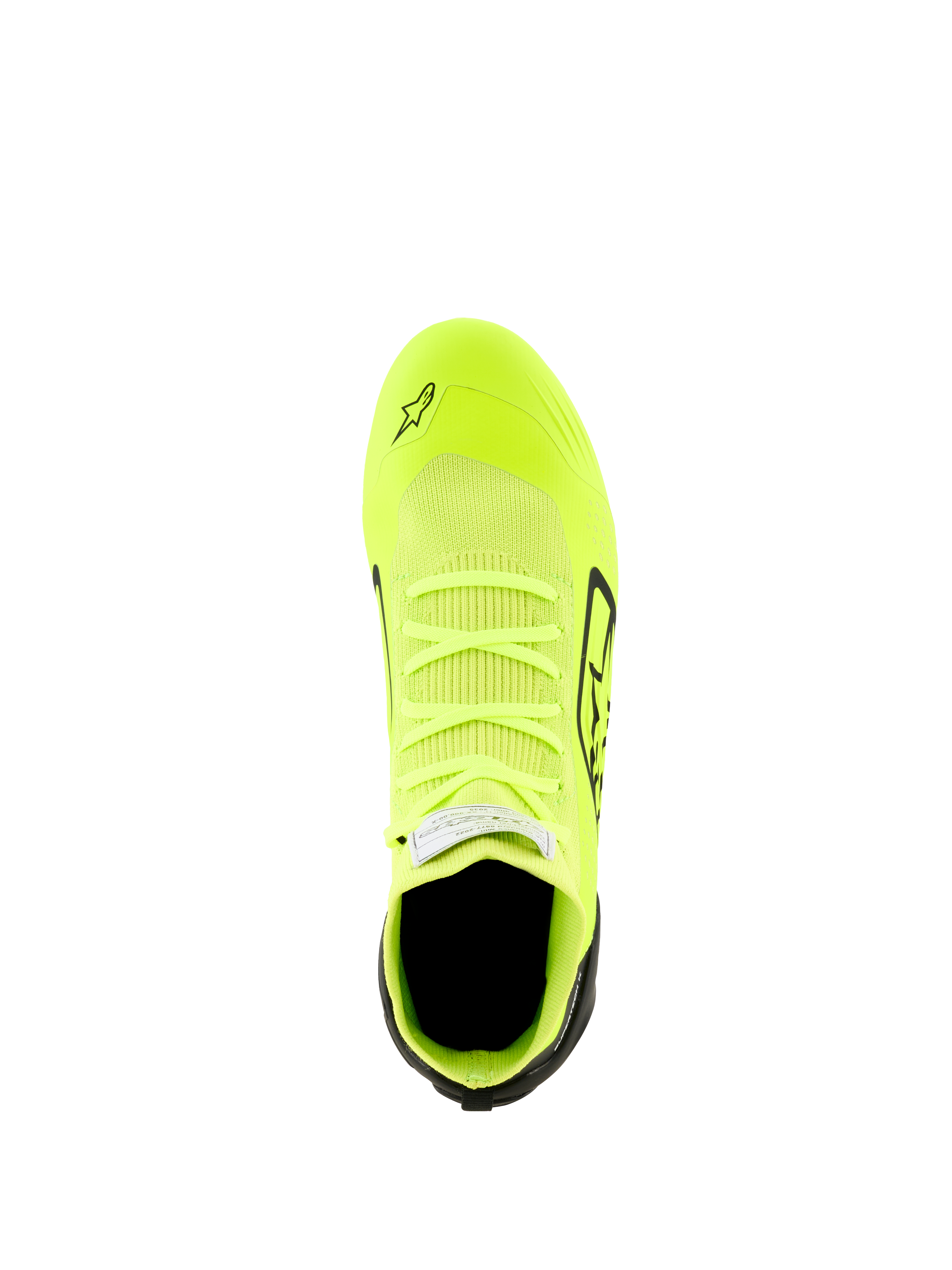 Scarpe Alpinestars Supertech K - FIA, scarpe da karting, giallo fluo, nero e bianco, vista dall'alto con tomaia interamente in maglia, corpo giallo fluorescente con dettagli neri su tallone e lati, profilo aerodinamico per una guida di precisione
