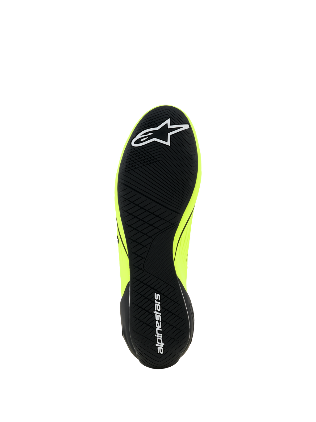 Scarpe Alpinestars Supertech K - FIA, scarpe da karting, giallo fluo nero e bianco, vista della suola con battistrada asimmetrico nero, logo a stella bianco sull'avampiede e scritta Alpinestars sul tallone, suola sottile in gomma per sensibilità sui pedali