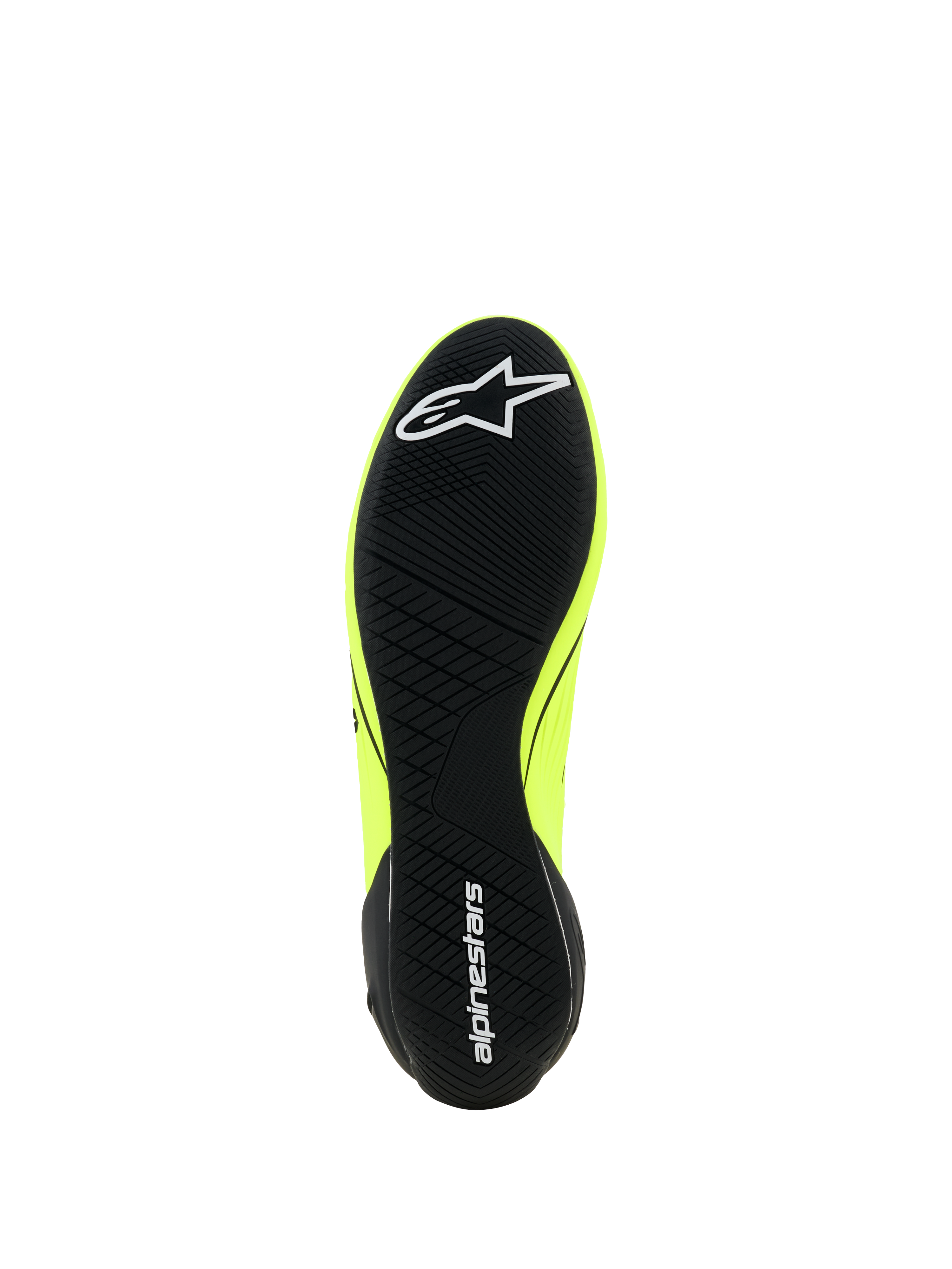 Scarpe Alpinestars Supertech K - FIA, scarpe da karting, giallo fluo nero e bianco, vista della suola con battistrada asimmetrico nero, logo a stella bianco sull'avampiede e scritta Alpinestars sul tallone, suola sottile in gomma per sensibilità sui pedali