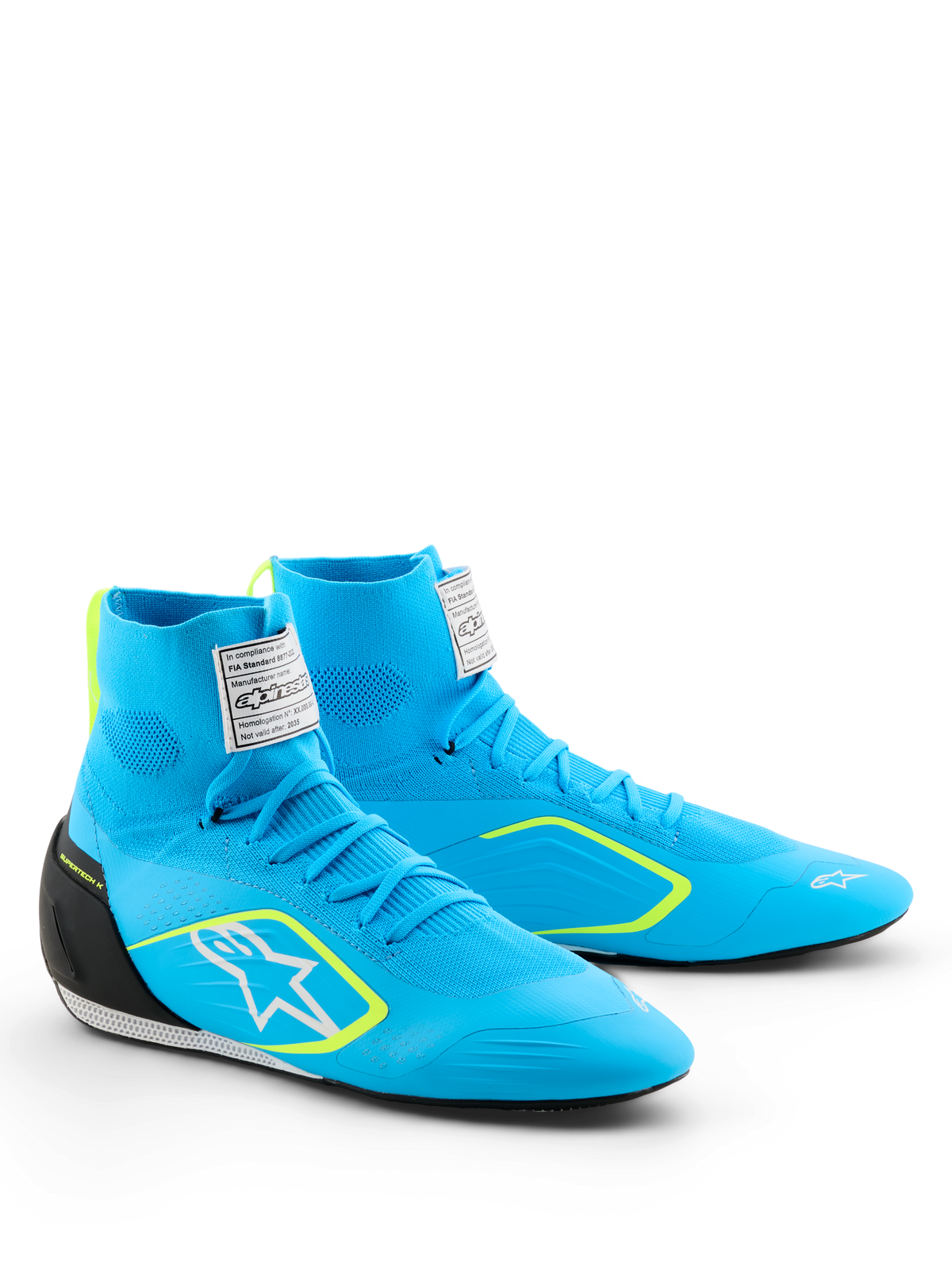 Alpinestars Supertech K Shoes - FIA, scarpe da karting, azzurre con accenti neri e giallo fluo, tomaia a maglia alta, logo Astars bianco sul lato, contrafforte del tallone in TPU nero, calzature professionali per prestazioni motorsport