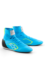 Alpinestars Supertech K Shoes - FIA, scarpe da karting, azzurre con accenti neri e giallo fluo, tomaia a maglia alta, logo Astars bianco sul lato, contrafforte del tallone in TPU nero, calzature professionali per prestazioni motorsport