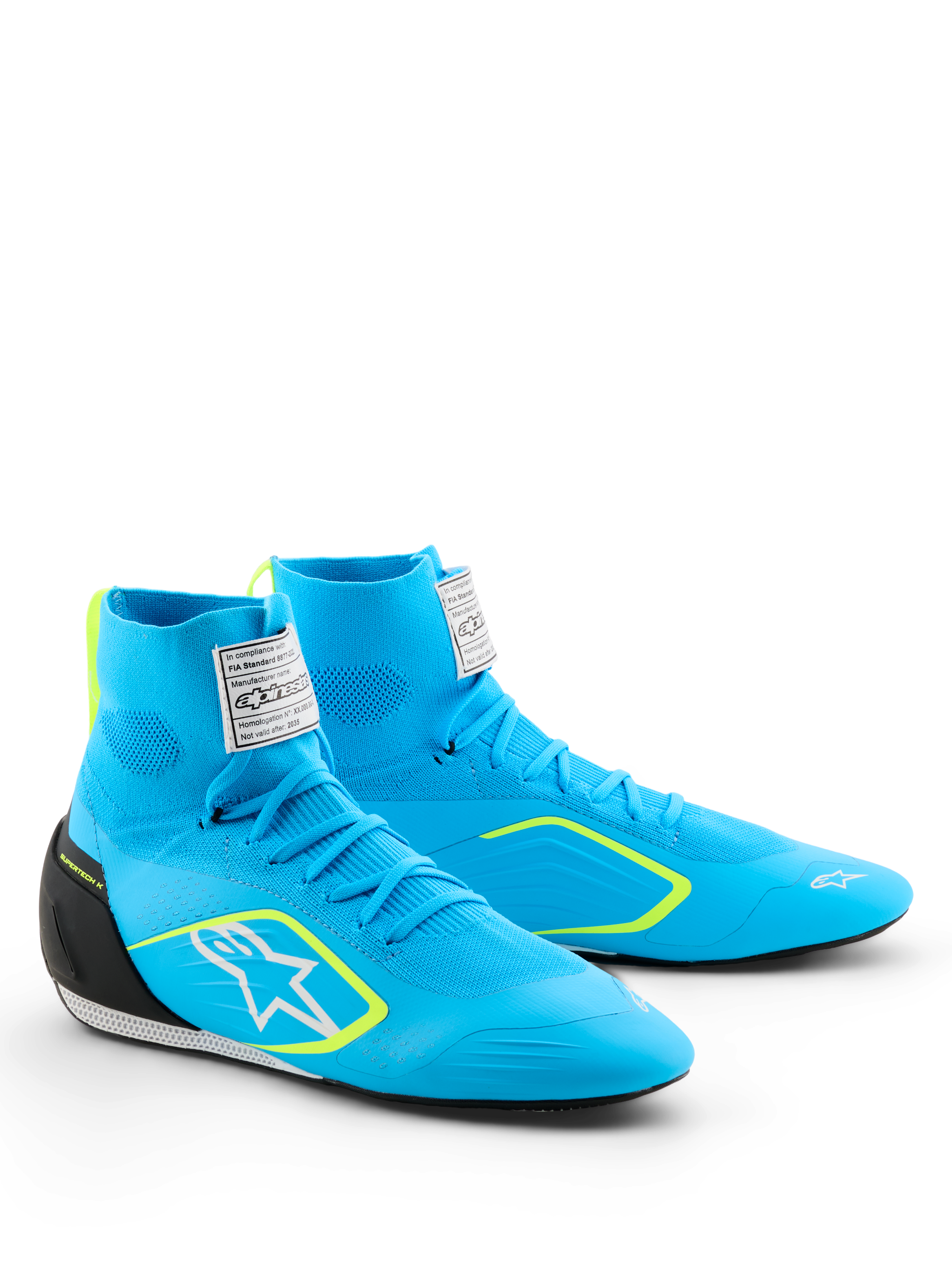 Alpinestars Supertech K Shoes - FIA, scarpe da karting, azzurre con accenti neri e giallo fluo, tomaia a maglia alta, logo Astars bianco sul lato, contrafforte del tallone in TPU nero, calzature professionali per prestazioni motorsport