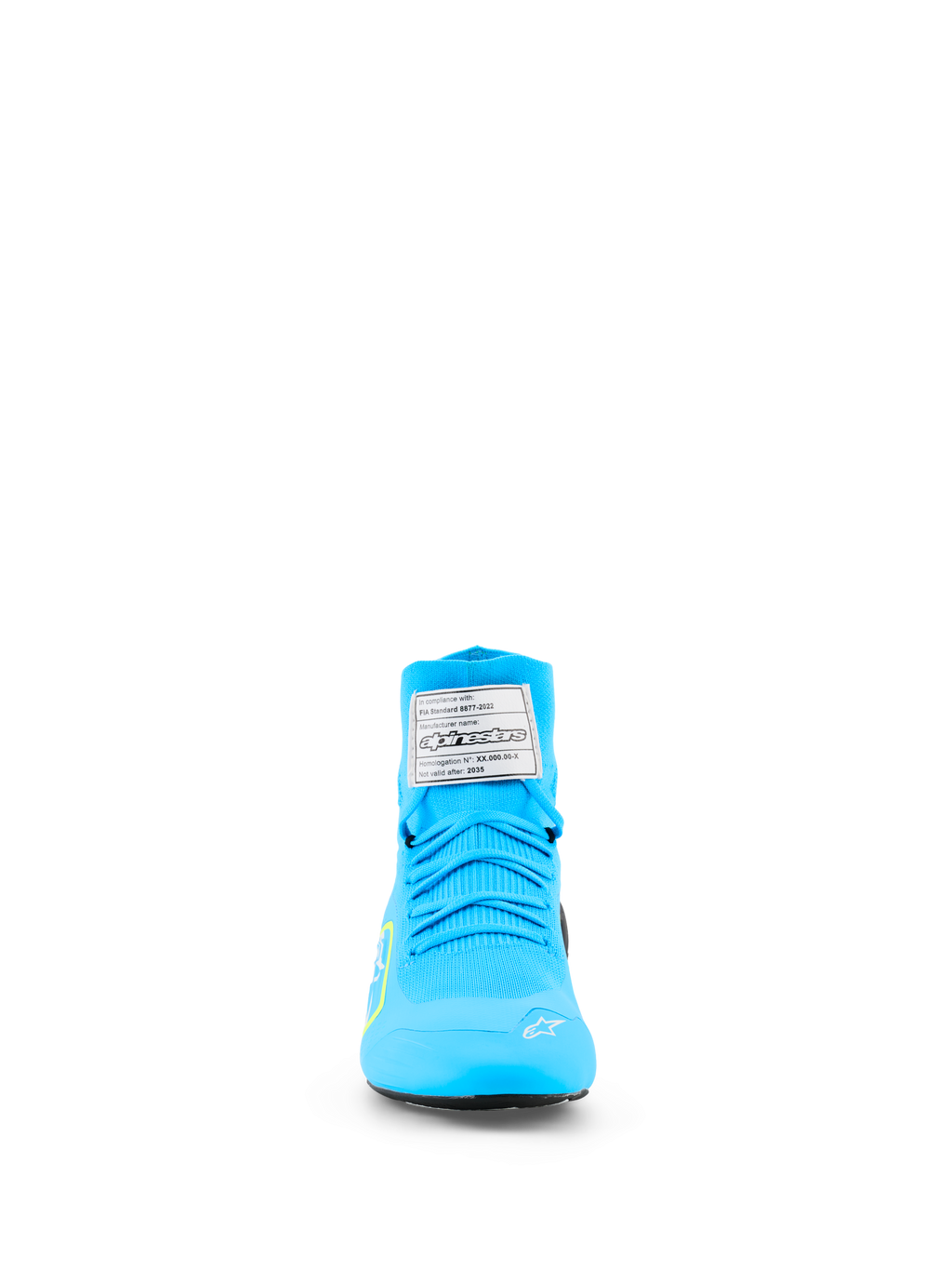 Alpinestars Supertech K Shoes - FIA, scarpe da karting, azzurro e giallo fluo, vista frontale con tomaia interamente in maglia, etichetta di certificazione FIA bianca sulla linguetta e logo a stella bianco sulla punta