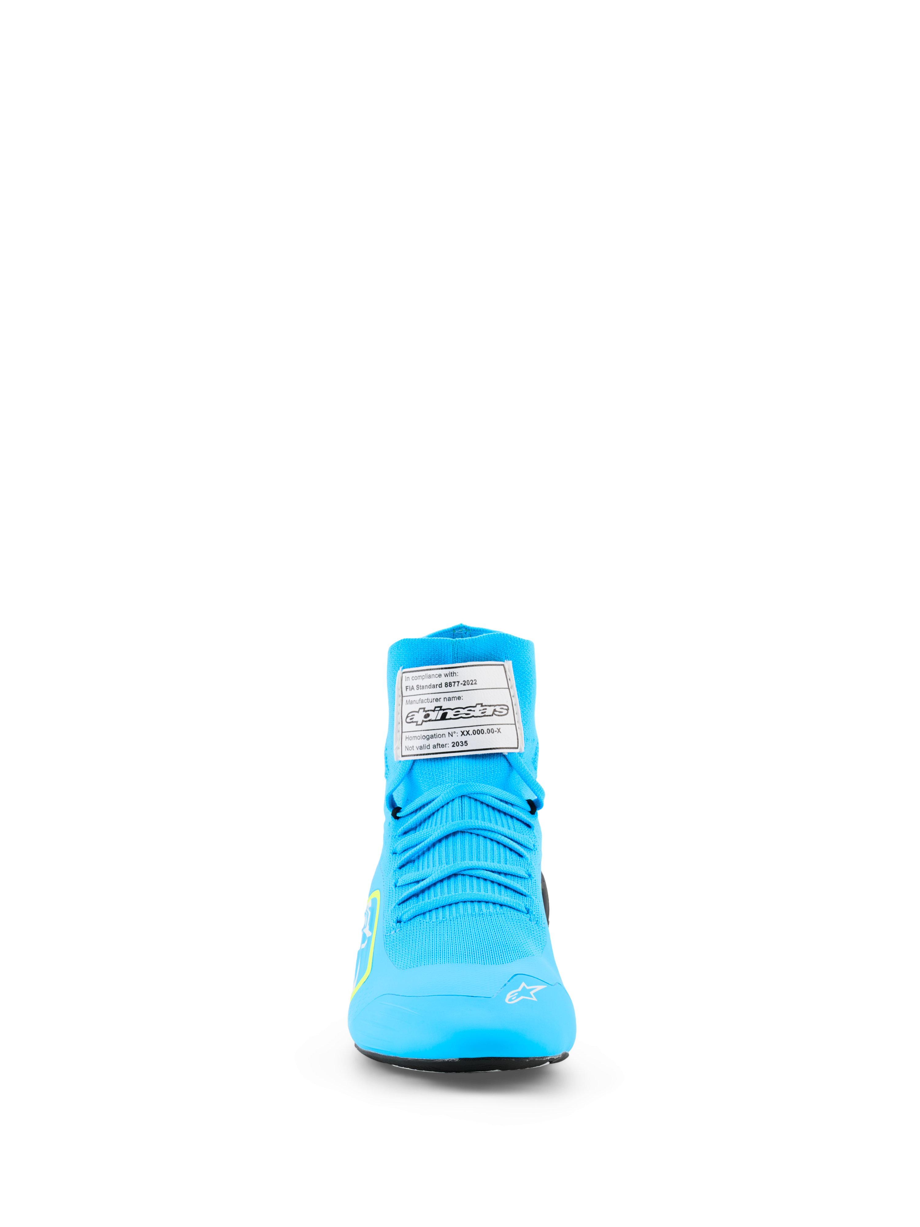 Alpinestars Supertech K Shoes - FIA, scarpe da karting, azzurro e giallo fluo, vista frontale con tomaia interamente in maglia, etichetta di certificazione FIA bianca sulla linguetta e logo a stella bianco sulla punta