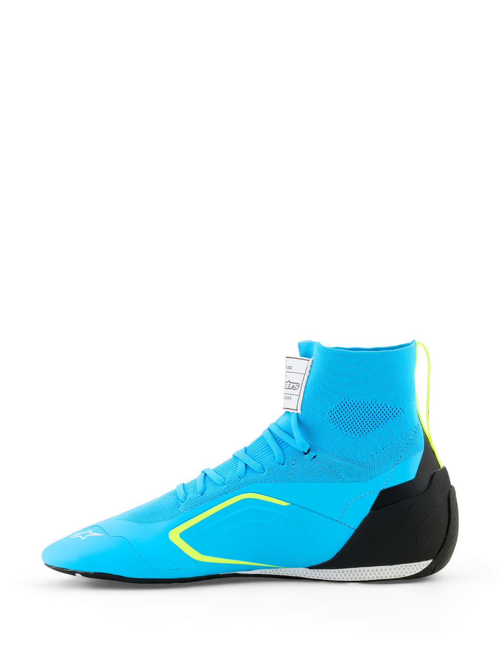 Alpinestars Supertech K Shoes - FIA, scarpe da karting, azzurro con dettagli nero e giallo fluo, vista laterale con tomaia in maglia, contrafforte del tallone in TPU e suola racing sottile