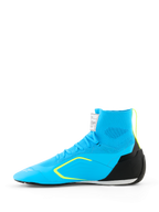 Alpinestars Supertech K Shoes - FIA, scarpe da karting, azzurro con dettagli nero e giallo fluo, vista laterale con tomaia in maglia, contrafforte del tallone in TPU e suola racing sottile