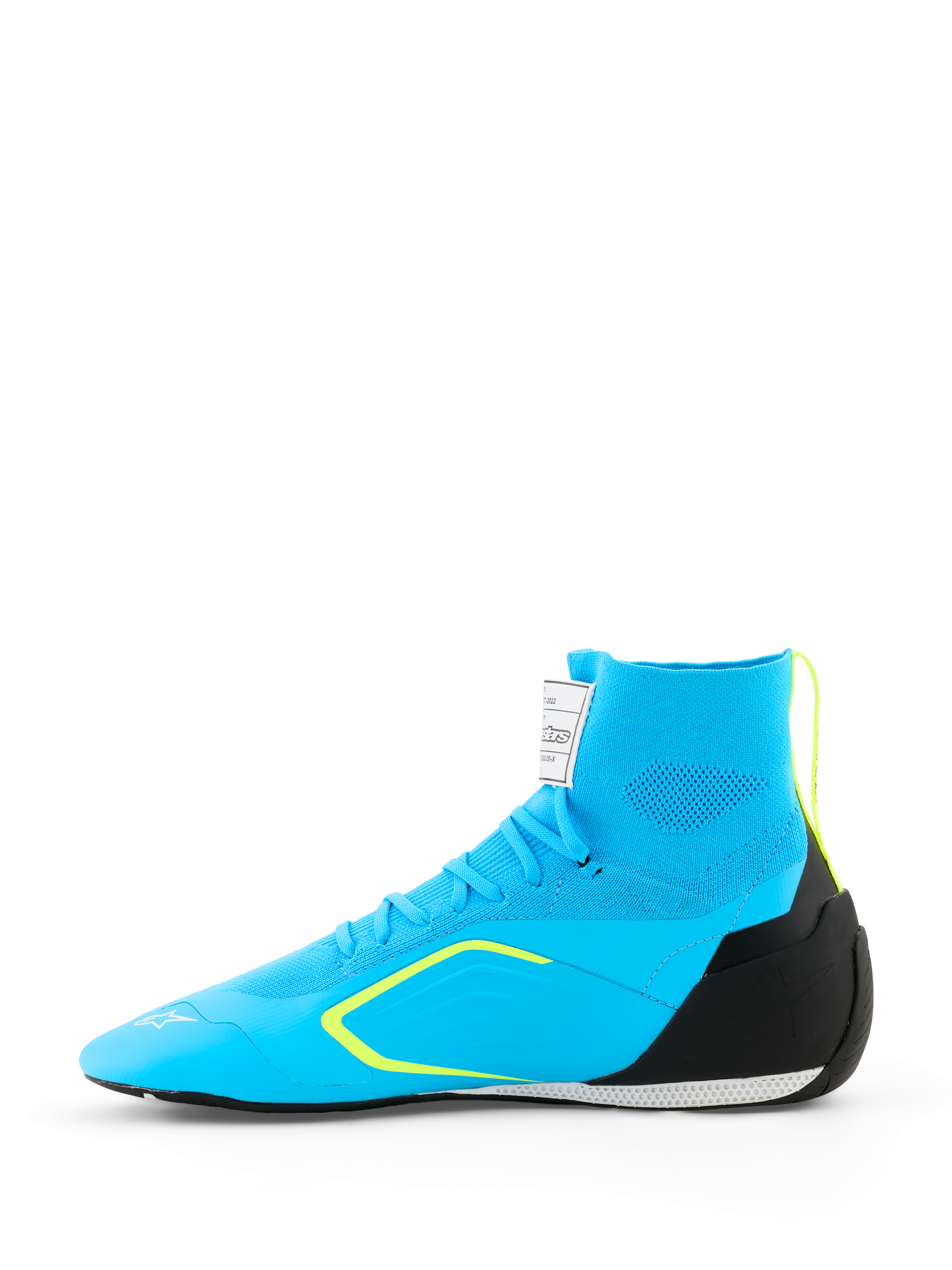 Alpinestars Supertech K Shoes - FIA, scarpe da karting, azzurro con dettagli nero e giallo fluo, vista laterale con tomaia in maglia, contrafforte del tallone in TPU e suola racing sottile