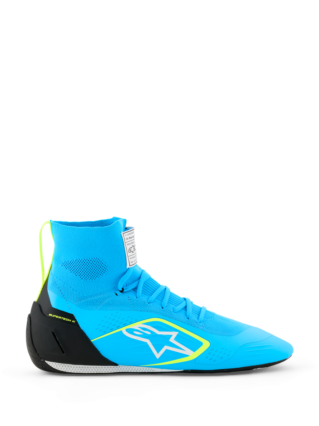 Alpinestars Supertech K Shoes FIA, scarpe da karting, azzurro con accenti nero e giallo fluo, design high-top con tomaia interamente in maglia, logo a stella bianco, calzature da corsa professionali